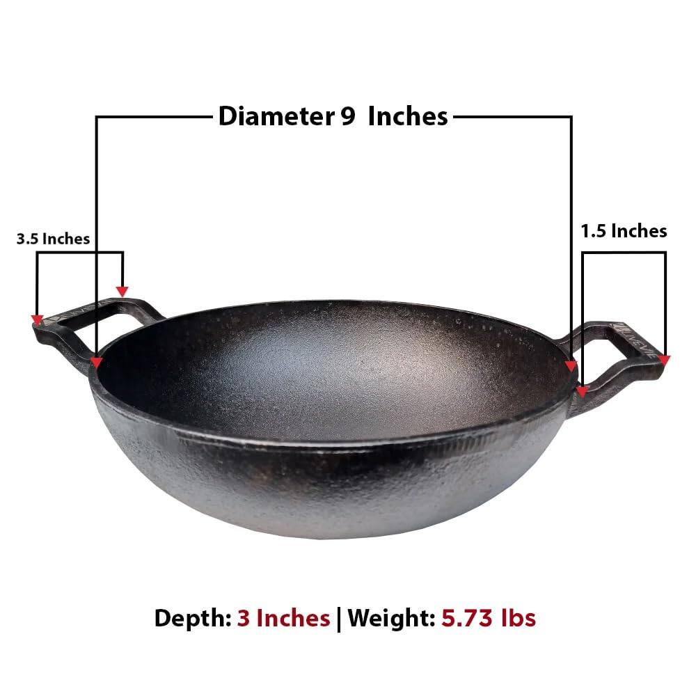 - Diameter: 9 Inches
- Depth: 3 Inches
- Weight: 5.73 lbs
- Handle Length: 3.5 Inches
- Handle Width: 1.5 Inches