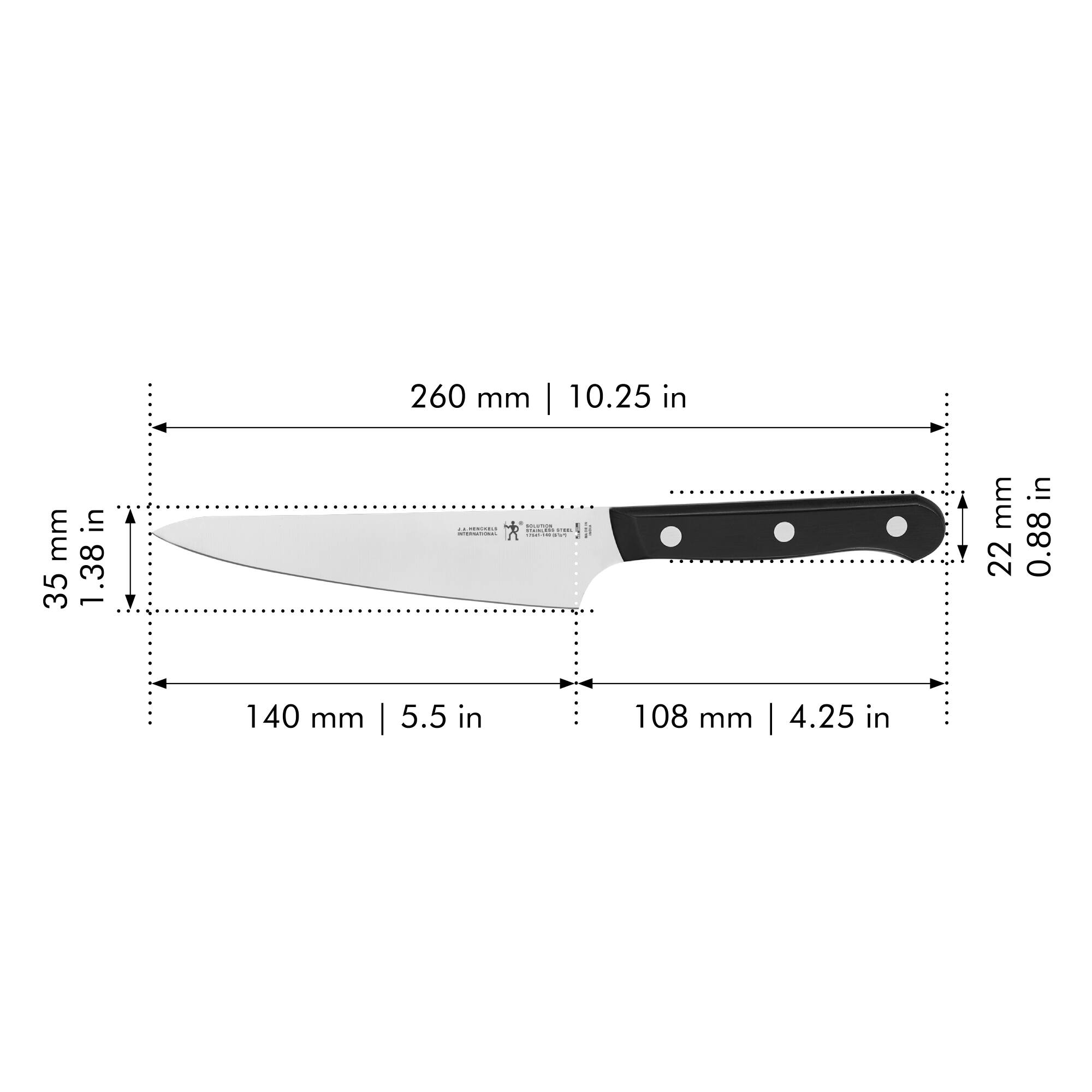260 mm | 10.25 in  
35 mm | 1.38 in  
140 mm | 5.5 in  
108 mm | 4.25 in  
22 mm | 0.88 in