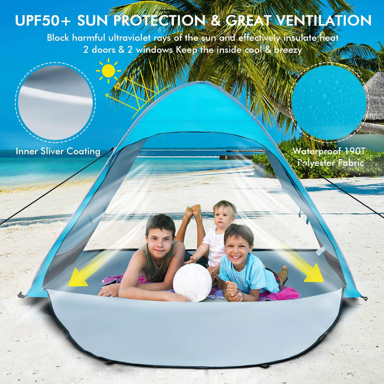 UPF50+ SUN PROTECTION & GREAT VENTILATION: Block harmful ultraviolet rays of the sun and effectively insulate heat. 2 doors & 2 windows. Keep the inside cool & breezy. Inner Sliver Coating. Waterproof 190T Polyester Fabric.