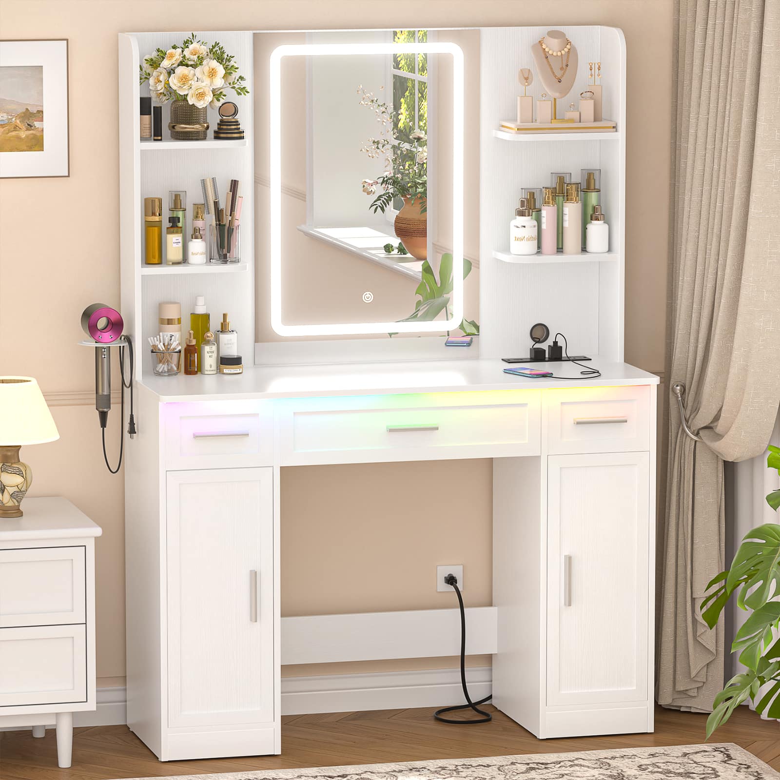 Aheaplus - Large Wooden Makeup Vanity Desk with Mirror and Lights, Dressing Table with Drawers and Cabinets - White
