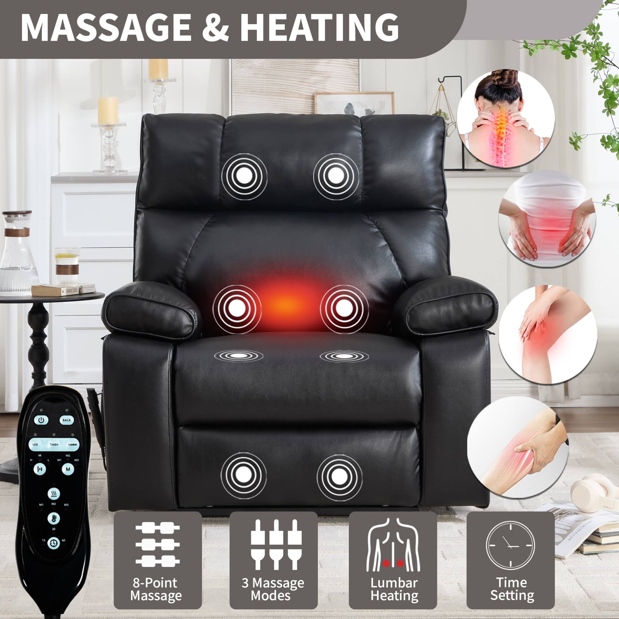 MASSAGE & HEATING

- 8-Point Massage
- 3 Massage Modes
- Lumbar Heating
- Time Setting