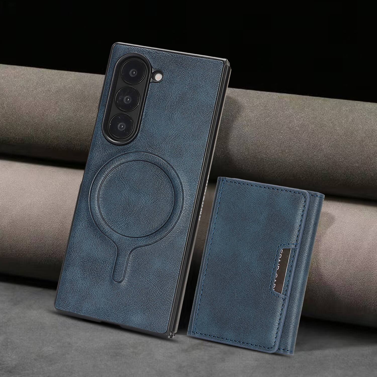 Left. Dteck - 2-in-1 Magnetic Wallet Case for Samsung Galaxy Z Fold6, Shockproof PU Leather Cover with Detachable 7-Card Holder - Blue.