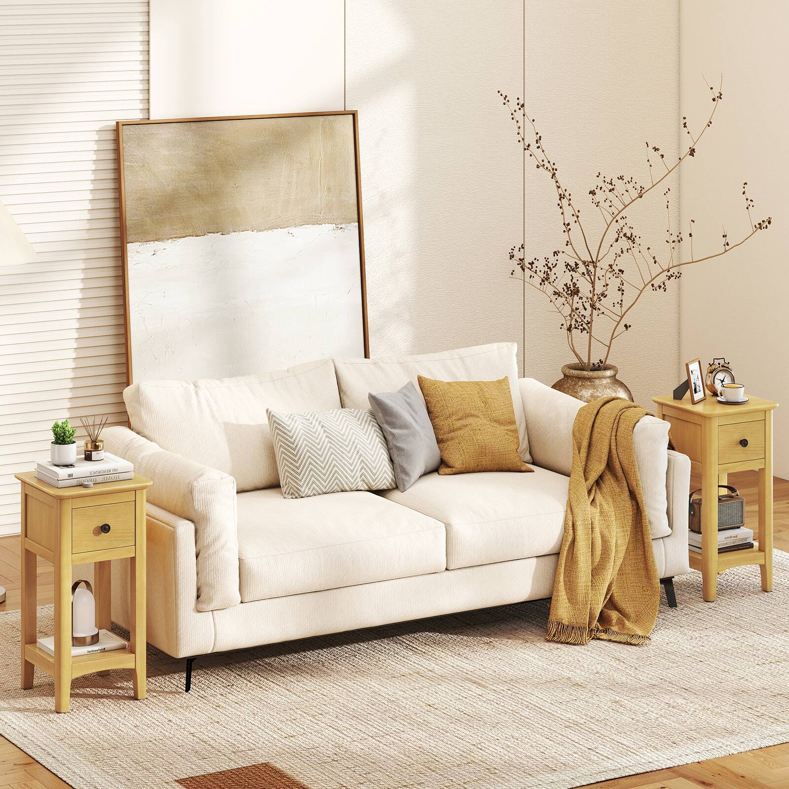 Alt View 4. Gymax - Gymax 2PCS Nightstand 3-Tier Bedside Table w/ Open Storage Shelf & Narrow Side Table Natural - Natural.