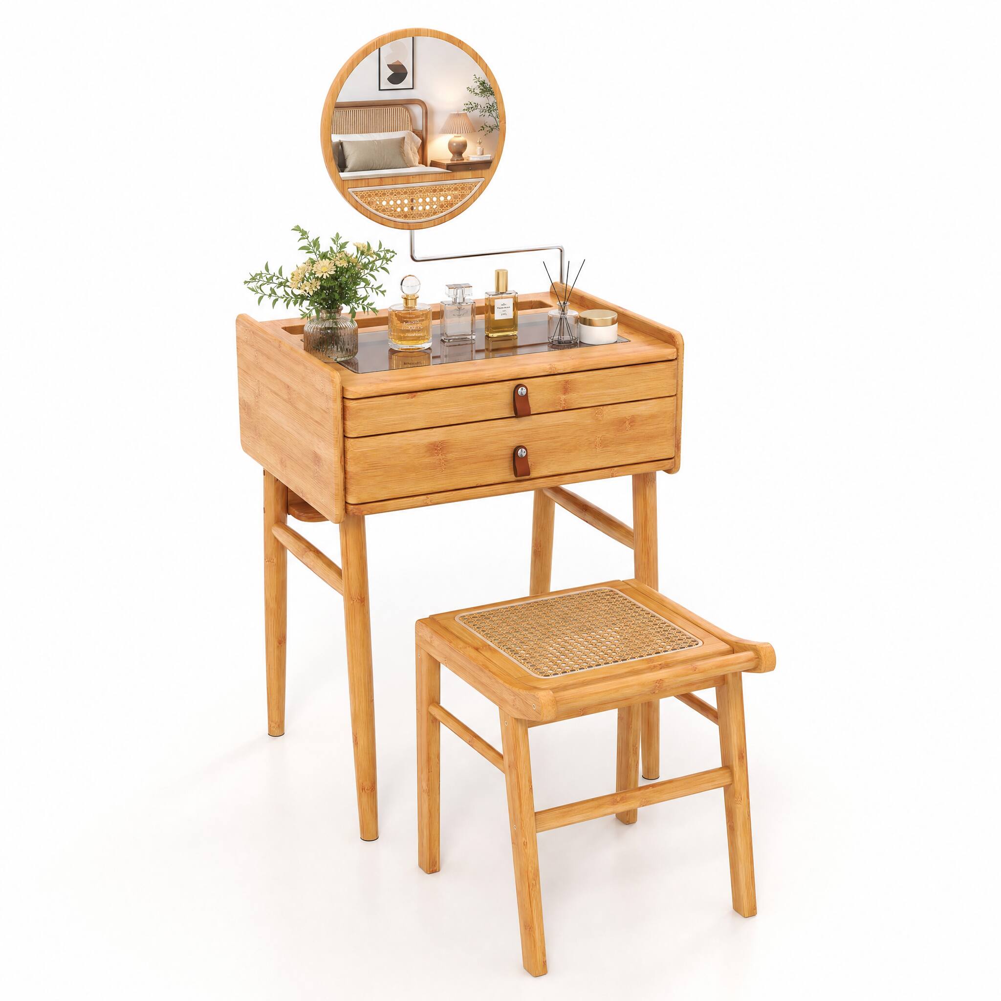 Alt View 5. WELLFOR - Bamboo Makeup Vanity Table Set with Angle‑Adjustable Round Mirror, Tempered Glass Tabletop, 2 Drawers & Stool - Natural.