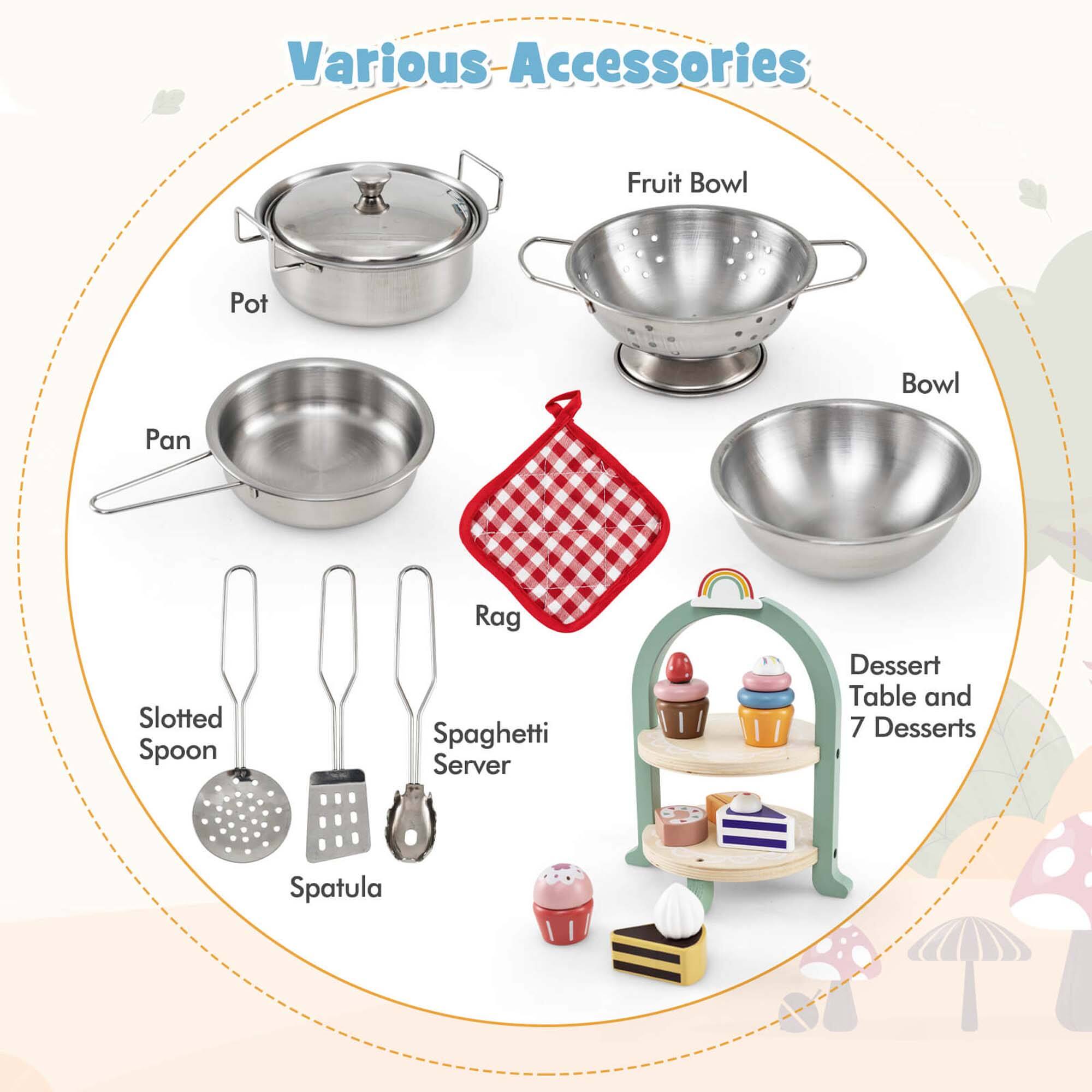 Various Accessories

- Pot
- Pan
- Fruit Bowl
- Bowl
- Rag
- Slotted Spoon
- Spatula
- Spaghetti Server
- Dessert Table and 7 Desserts
