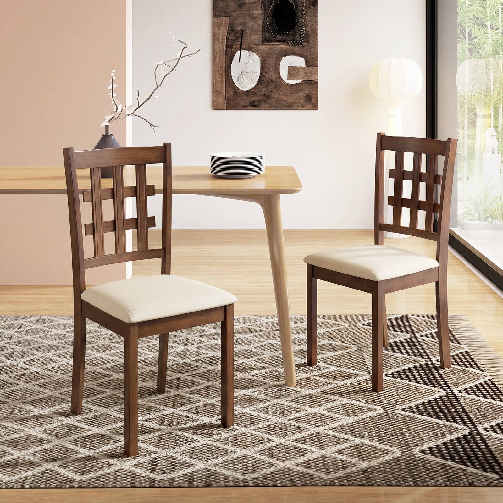Alt View 3. Costway - Costway Farmhouse Armless Dining Chair Set of 2 with Upholstered Seat, Rubber Wood Legs - Oak,Grey.