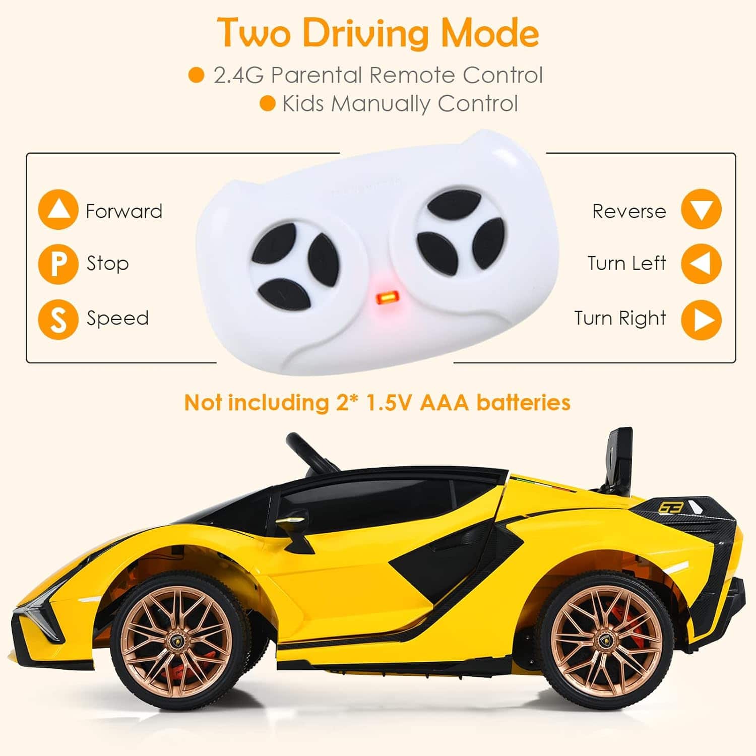 Two Driving Mode
2.4G Parental Remote Control
Kids Manually Control
Forward
Stop
Speed
Reverse
Turn Left
Turn Right
Not including 2* 1.5V AAA batteries