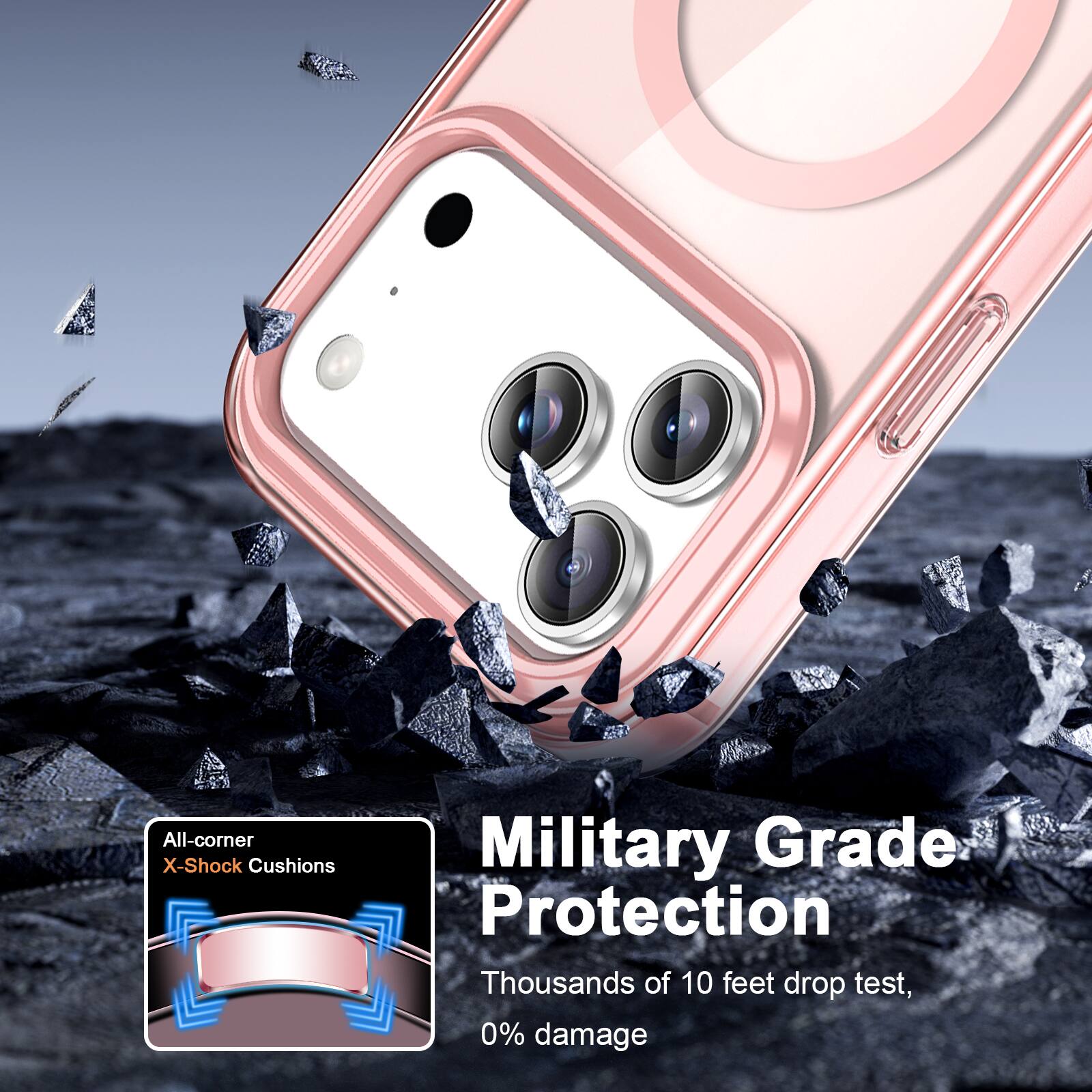 All-corner X-Shock Cushions  
Military Grade Protection  
Thousands of 10 feet drop test, 0% damage