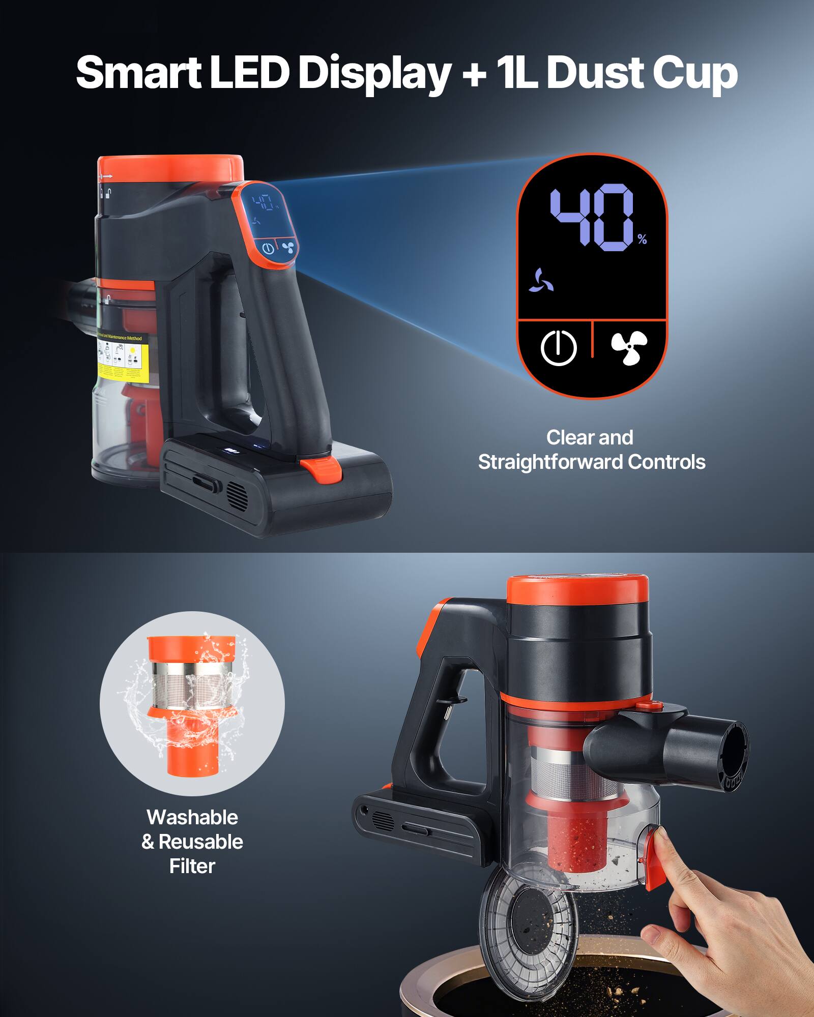 Smart LED Display + 1L Dust Cup

Clear and Straightforward Controls

Washable & Reusable Filter