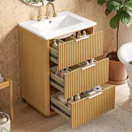 Whisen - 24" Modern Bathroom Vanity with Ceramic Sink, with Open Shelf and Closed Storage for Bathroom - Natural Wood