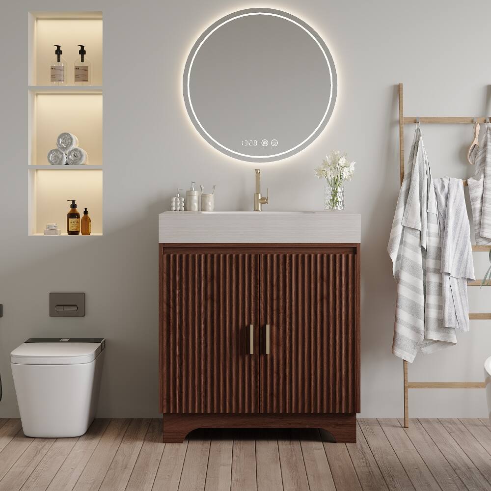 Loheer - 30 inch freestanding bathroom vanity with seamless ceramic sink and sintered stone countertop - Brown, Stone Gray