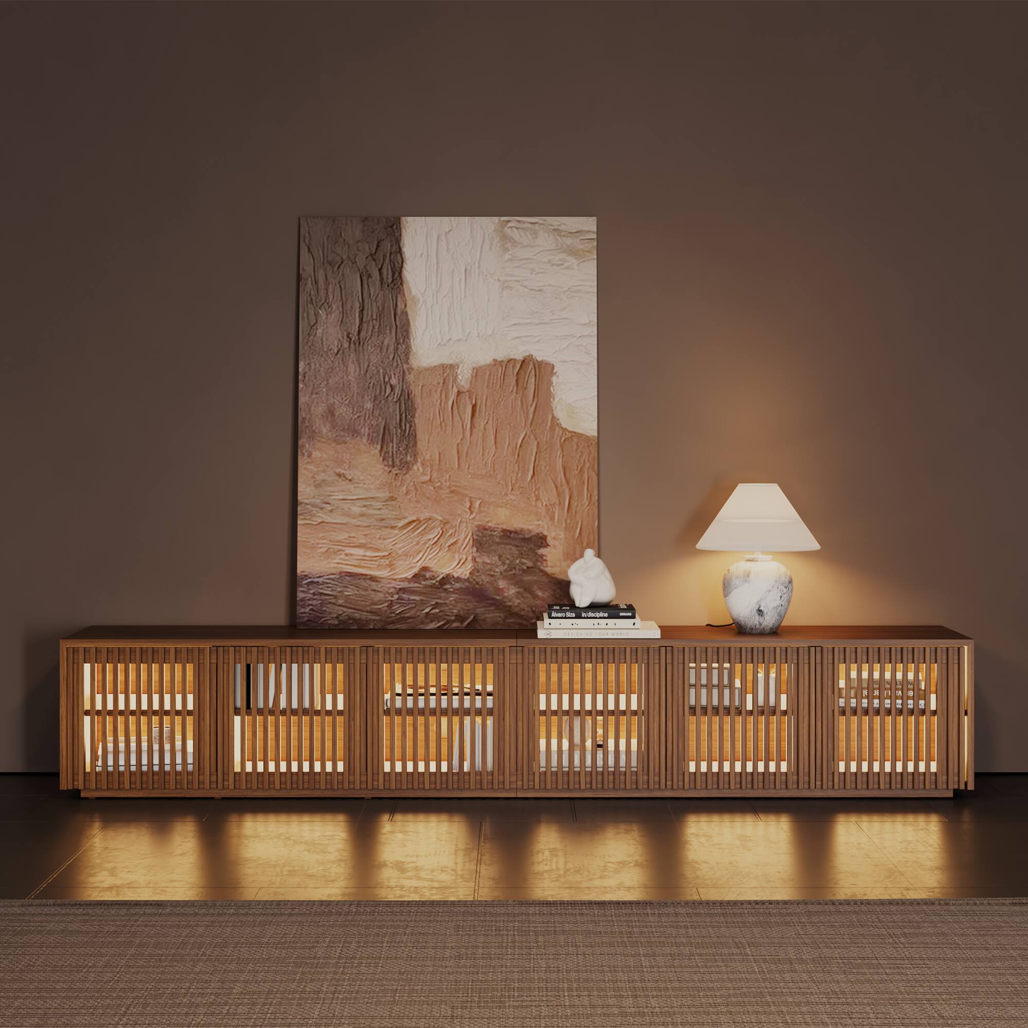 Angle. POVISON - 95" Mid-Century Modern Wood Slatted TV Stand with LED lights,Minimalist Entertainment Center, Perfect for 85-inch TVs - Walnut Color.