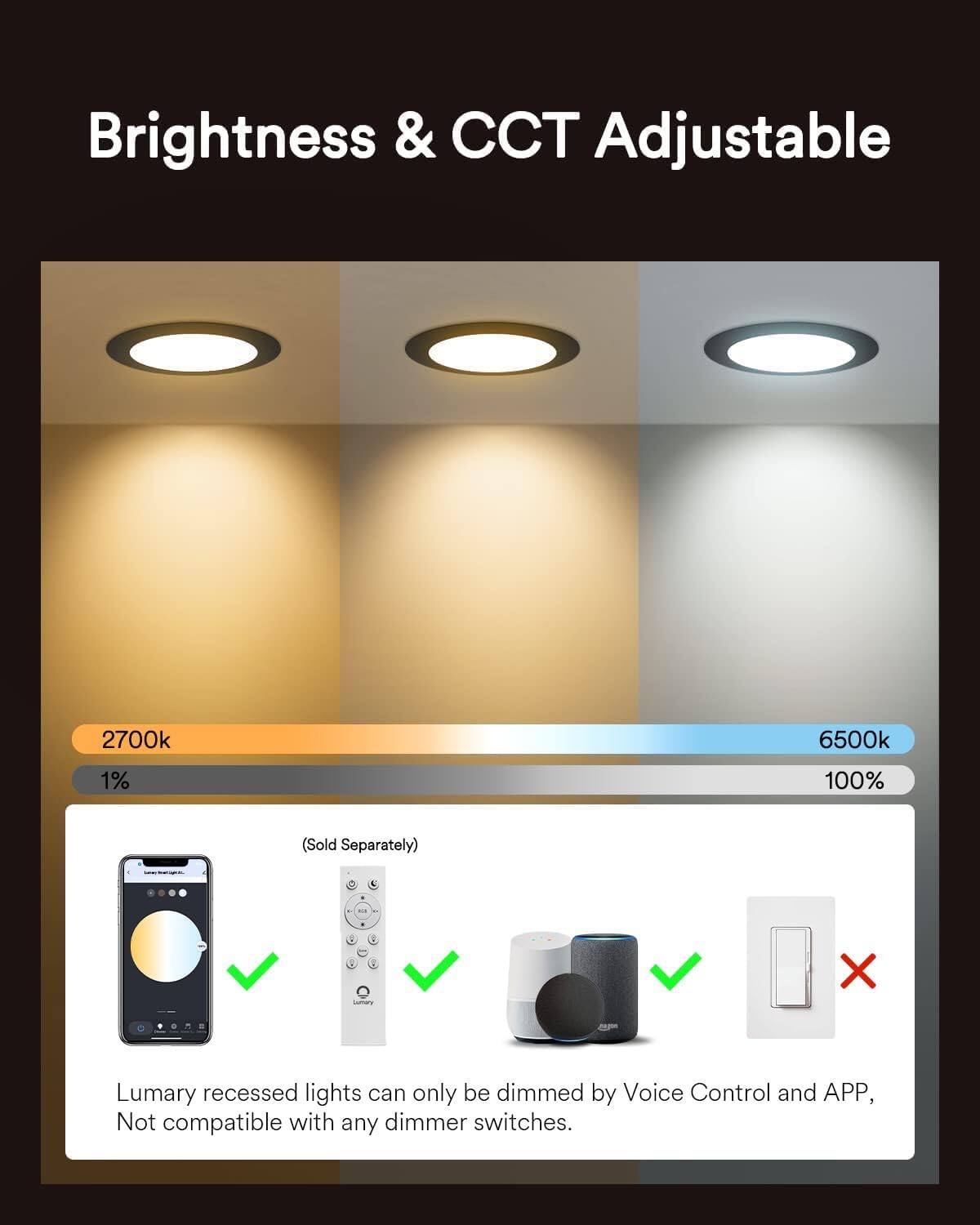 Brightness & CCT Adjustable 2700k 6500k 1% 100% (Sold Separately) - - - - X

Lumary recessed lights can only be dimmed by Voice Control and APP, Not compatible with any dimmer switches.