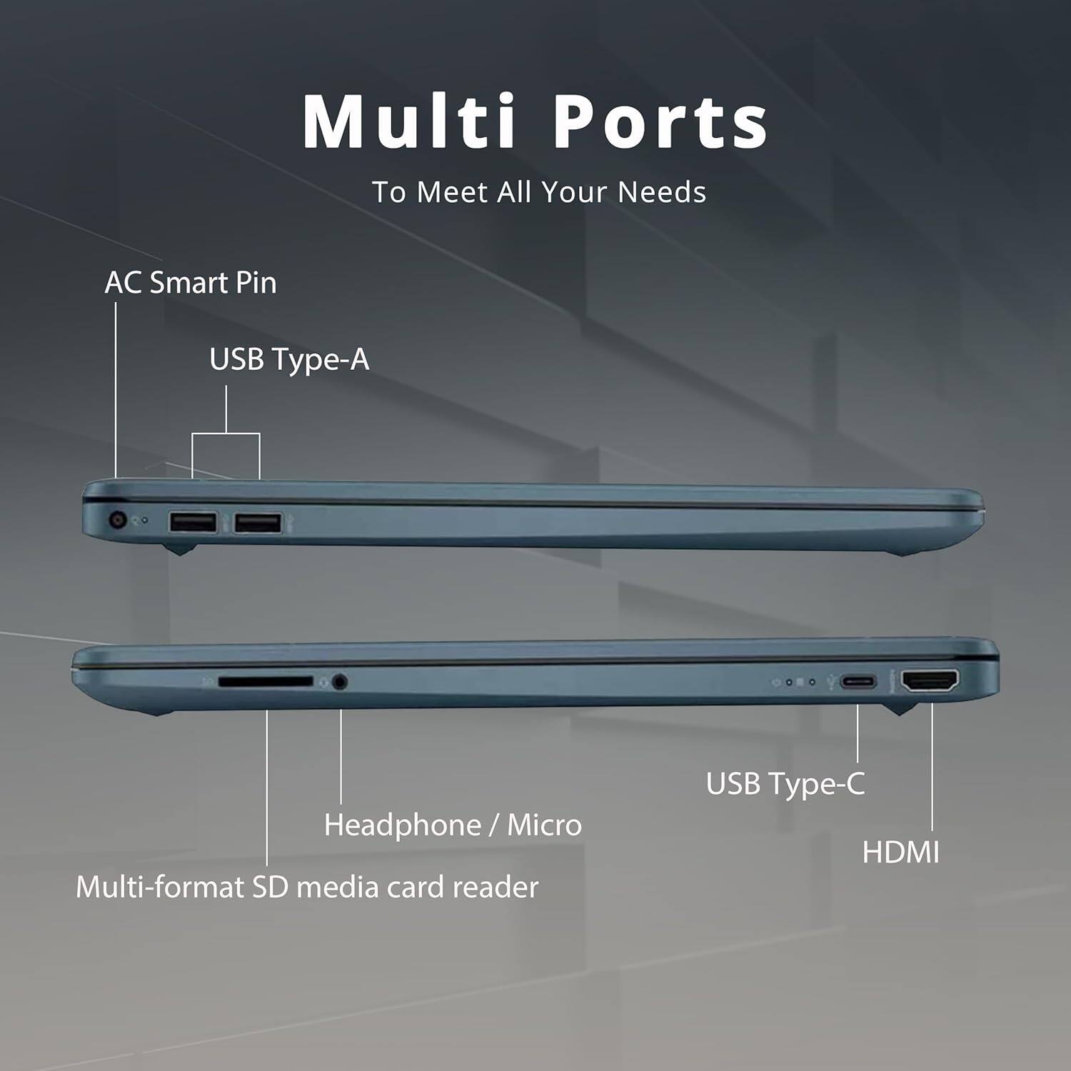Multi Ports To Meet All Your Needs

AC Smart Pin
USB Type-A
Headphone/Micro
Multi-format SD media card reader
USB Type-C
HDMI