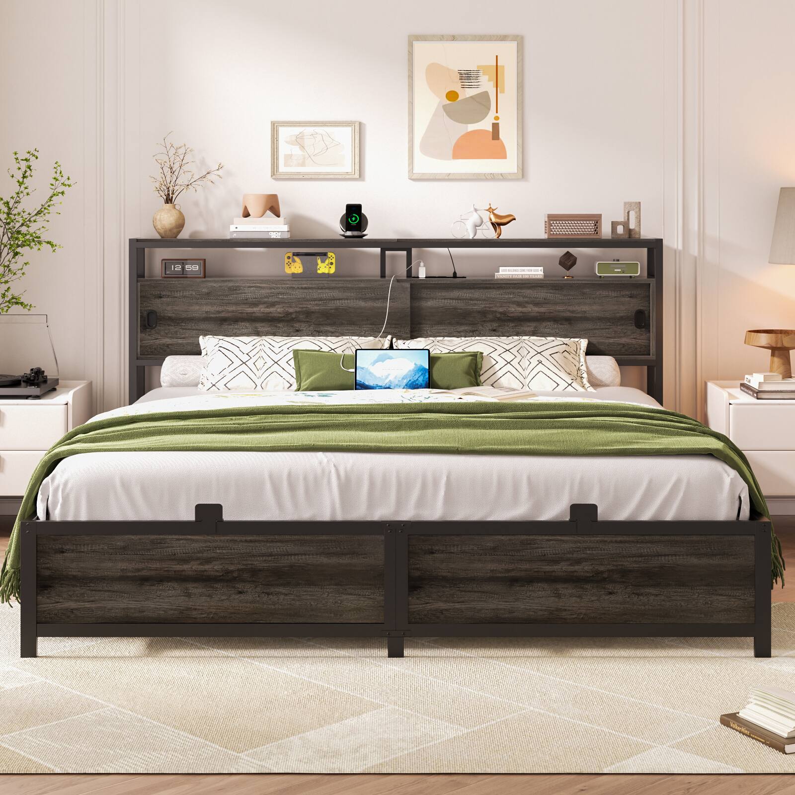 Alt View 3. Aheaplus - King Size Sturdy Bed Frame with Sliding Doors Headboard, Platform Bed Frame with Power Outlet & LED Light - Gray Oak.