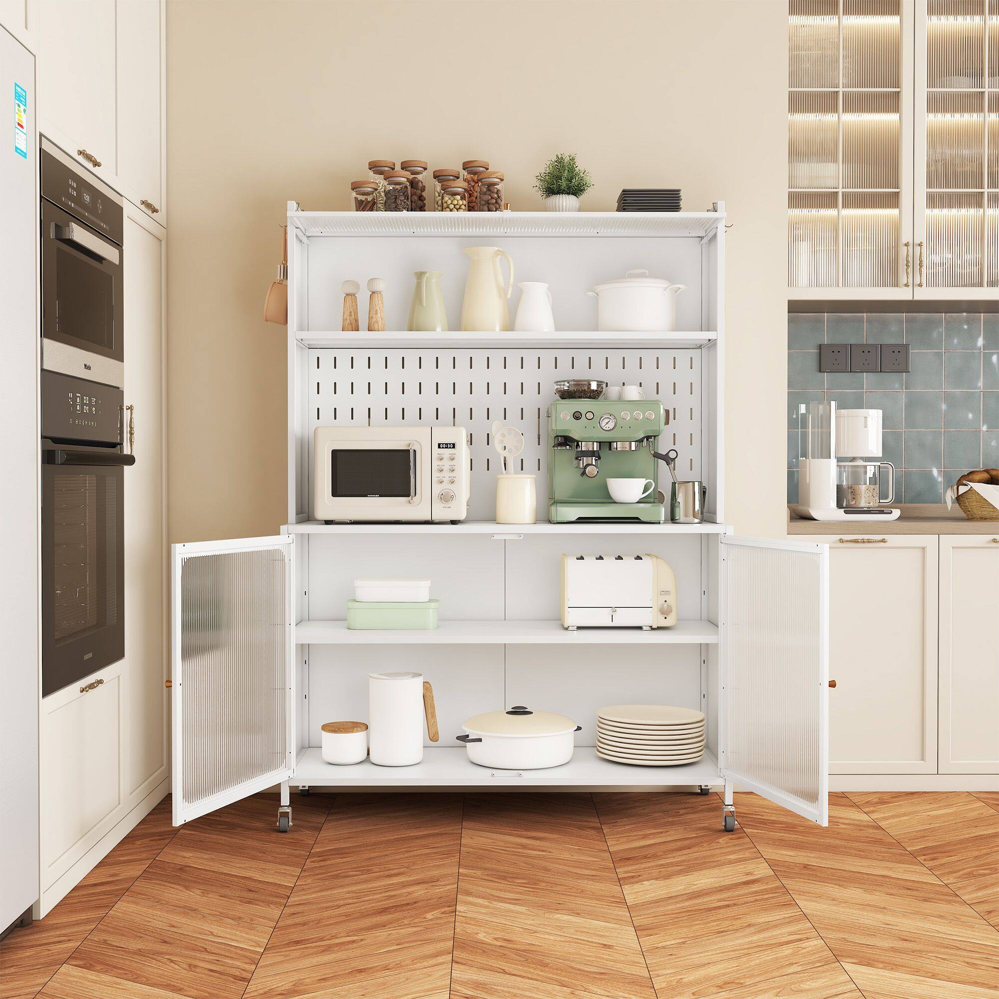 Back. Mirfee - Tall Kitchen Pantry Cabinet with Glass Doors & Adjustable Shelves - White.