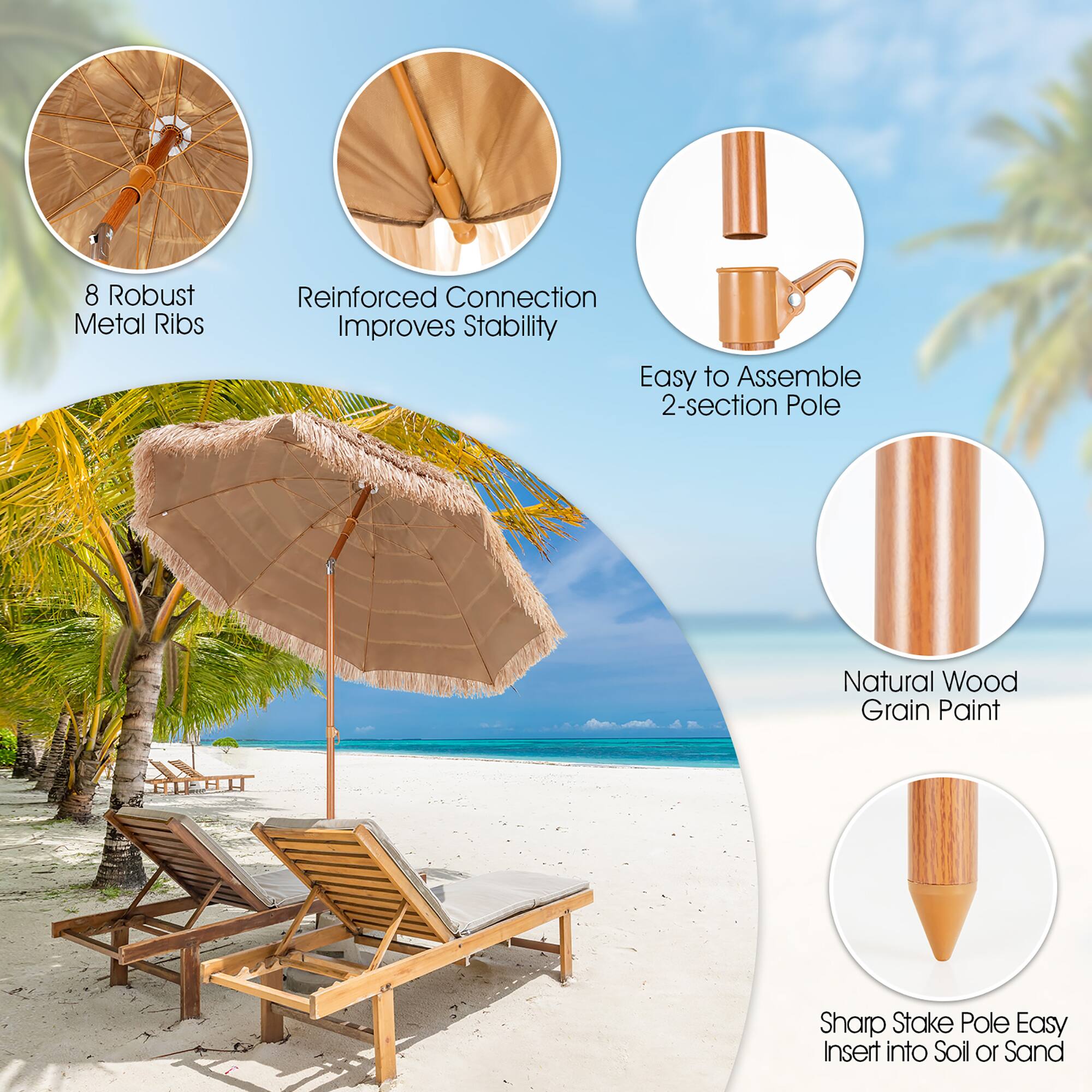 The image features a beach scene with a large umbrella, a lounge chair, and a palm tree. The umbrella is made of natural wood grain paint and has a reinforced connection that improves stability. The umbrella is easy to assemble with its 2-section pole. Additionally, the umbrella has a sharp stake pole that can be easily inserted into soil or sand.
