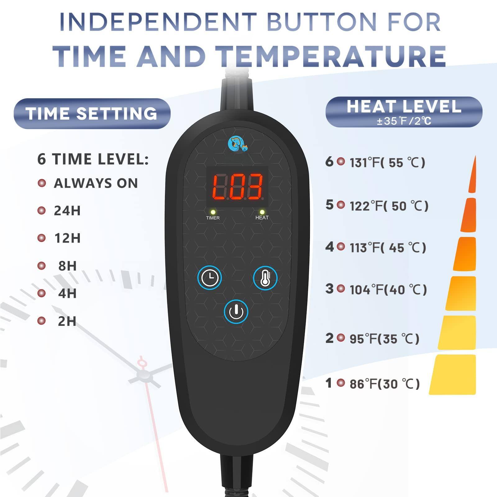 INDEPENDENT BUTTON FOR TIME AND TEMPERATURE

TIME SETTING

6 TIME LEVEL:
- ALWAYS ON
- 24H
- 12H
- 8H
- 4H
- 2H

HEAT LEVEL ±35°F/2°C

6 • 131°F (55°C)
5 • 122°F (50°C)
4 • 113°F (45°C)
3 • 104°F (40°C)
2 • 95°F (35°C)
1 • 86°F (30°C)