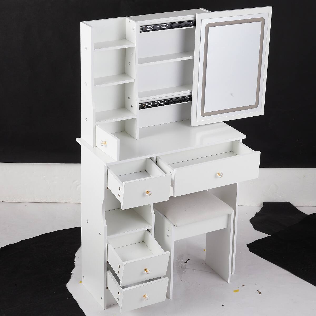 Back. Loheer - Loheer Small Space Vanity Table with Padded Stool, White Lighted Mirror - White.