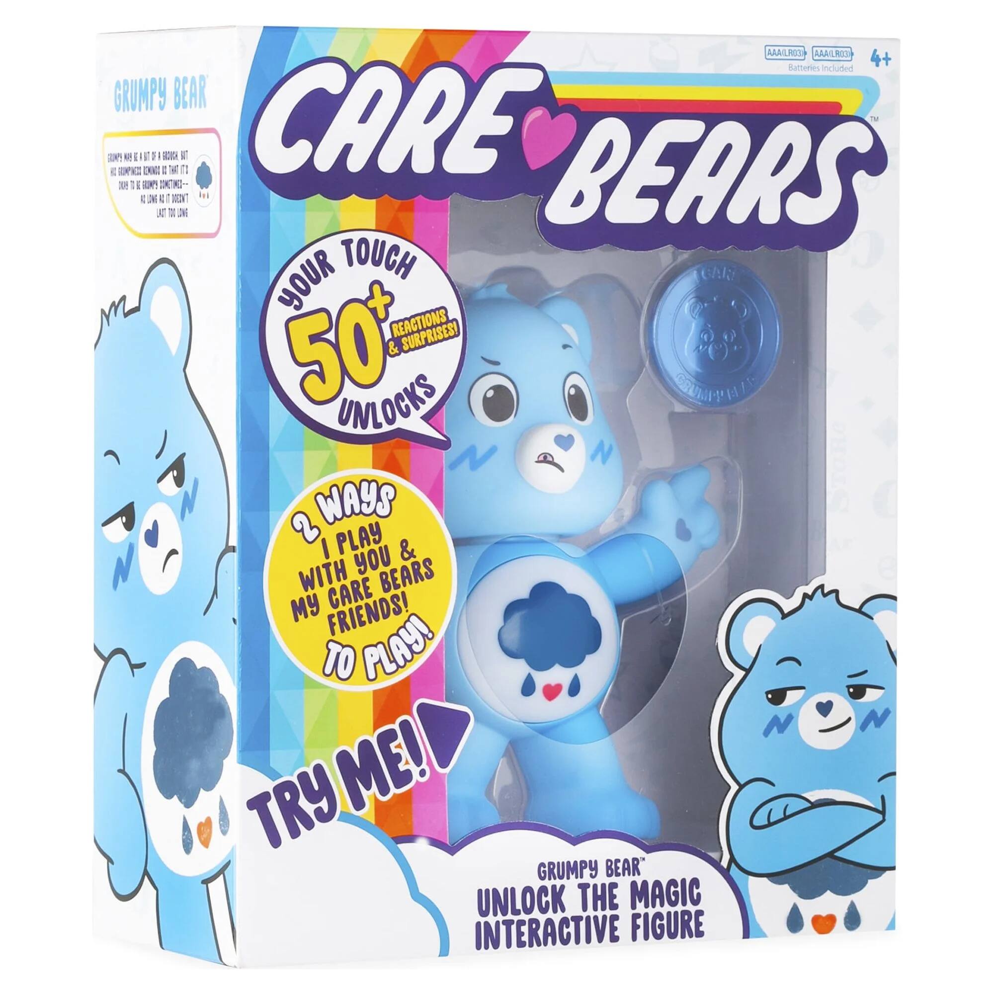 The text on the image can be grouped and corrected as follows:

**Product Name:**
- Care Bears

**Features:**
- Grumpy Bear
- Your Touch + Reactions & Surprises
- 50+ Unlocks
- 2 Ways to Play
- Interactive Figure
- Batteries Included

**Promotional Text:**
- Unlock the Magic
- Try Me!
- Play with You Bears My Care Friends!

**Additional Information:**
- Ages 4+
- AaAilRo BaaAilRo

This text highlights the interactive features and encourages potential buyers to try the product.