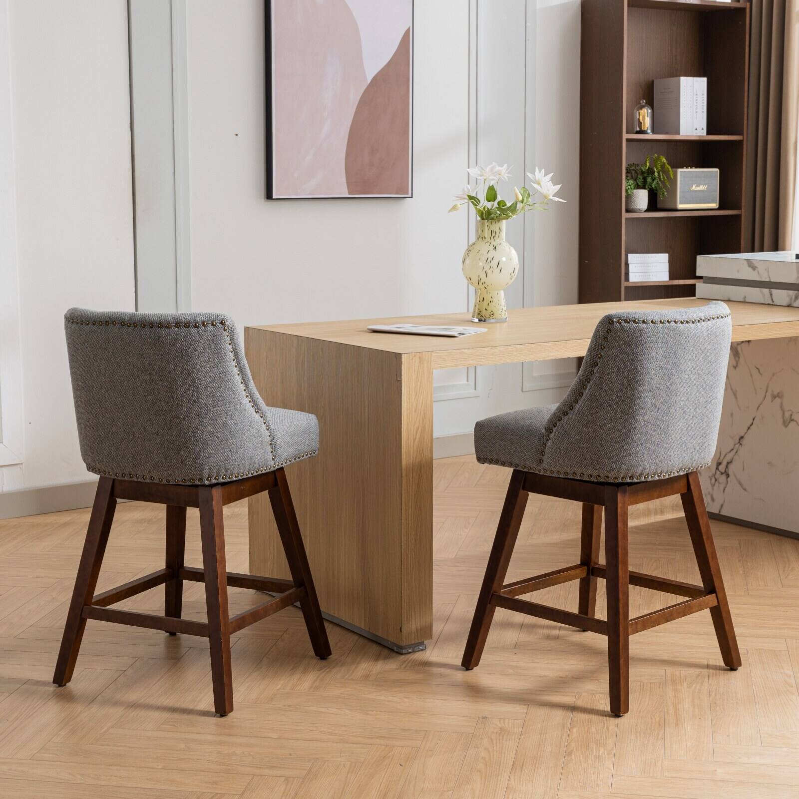 Angle. Trinkets Crazed - Counter Height Swivel Barstools Set of 2, 26'' H Seat Height Upholstered Bar Stools, Fabric - Gray.