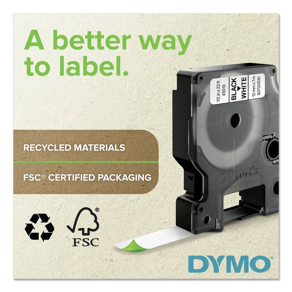 A better way to label.

RECYCLED MATERIALS

FSC® CERTIFIED PACKAGING

1/2 in x 23 ft 45013 BLACK WHITE 12 12mm x 7m S0720530

DYMO