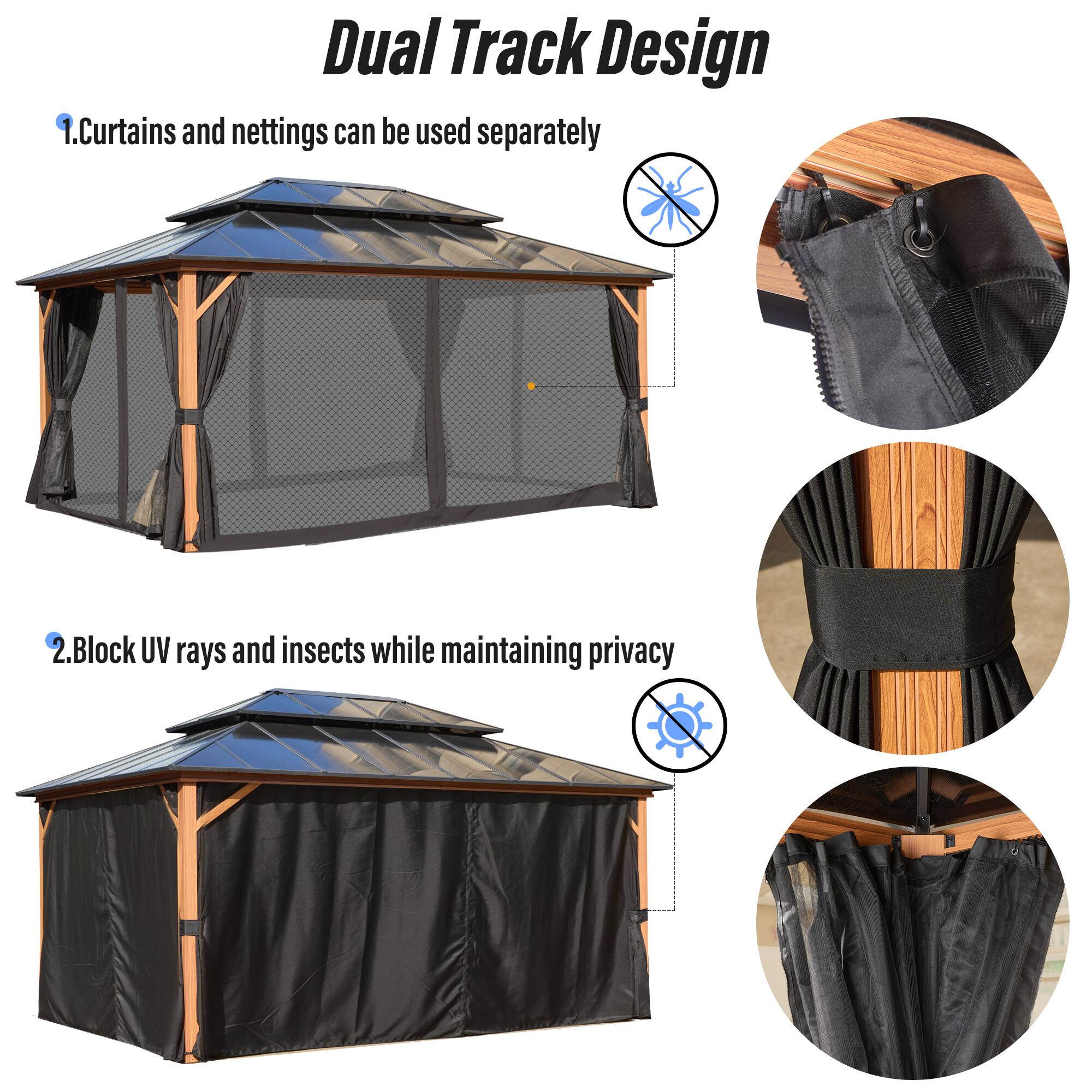 Dual Track Design

1. Curtains and nettings can be used separately
2. Block UV rays and insects while maintaining privacy