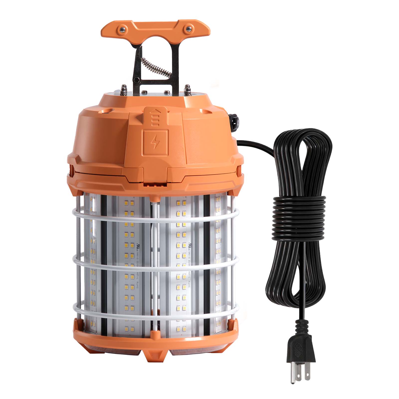 Front. VEVOR - LED Temporary Work Light, 100W, 14400 lm, 5000K Durable & Water-Resistant, Linkable up to 8 Units, Ceiling or Stand Job - Orange.