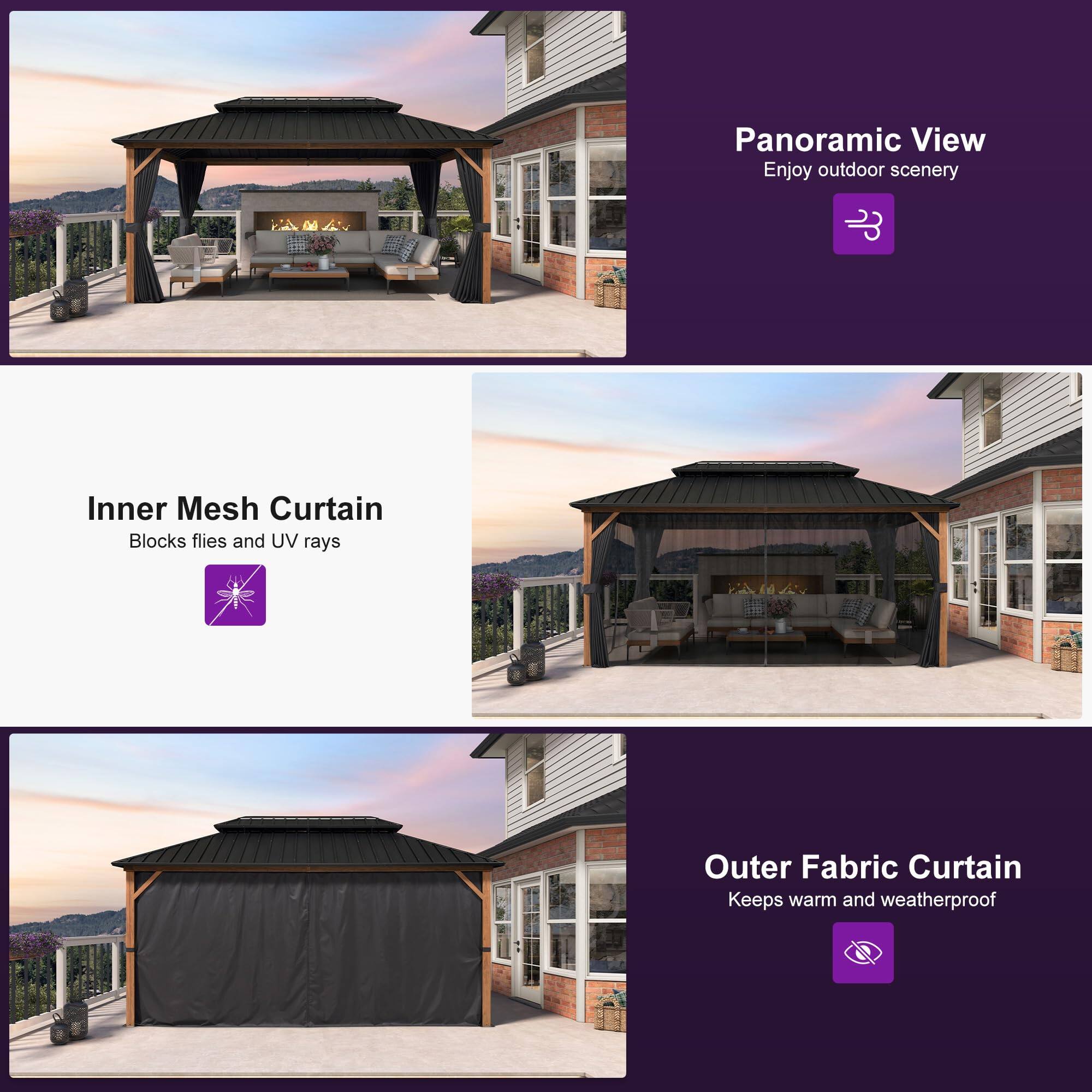 Panoramic View  
Enjoy outdoor scenery  

Inner Mesh Curtain  
Blocks flies and UV rays  

Outer Fabric Curtain  
Keeps warm and weatherproof