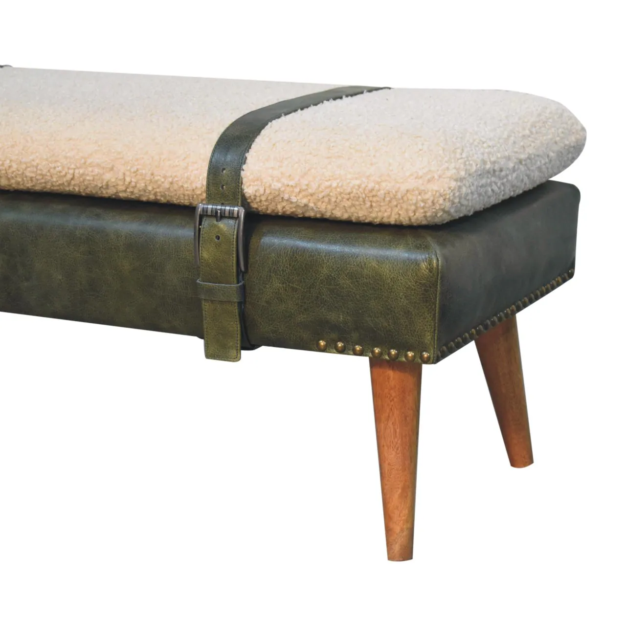 Alt View 2. Artisan Furniture - Artisan Furniture Solid Wood BouclÃ© Buffalo Hide Olive Green Leather Bench, Upholstered, Green & Cream - Green & Cream.