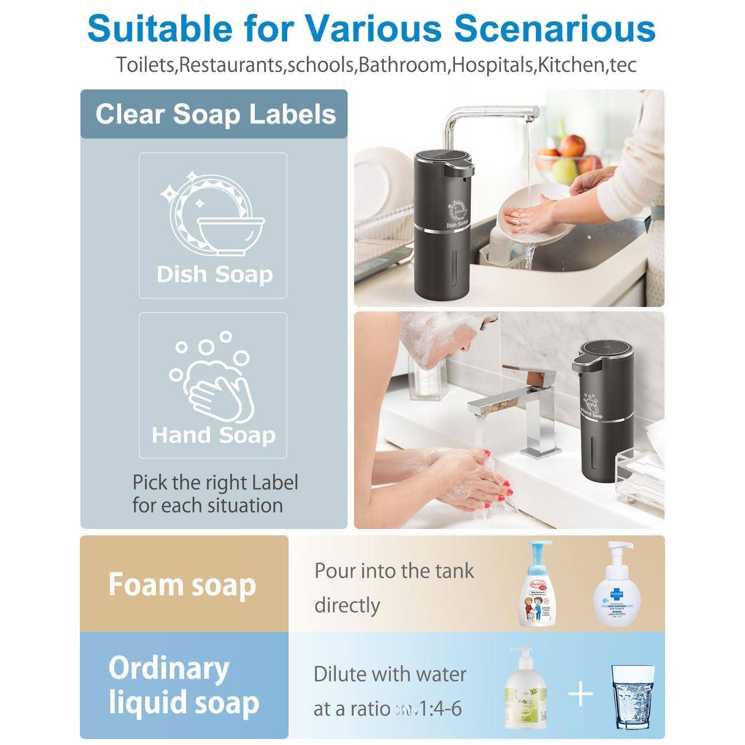 Suitable for Various Scenarios  
Toilets, Restaurants, Schools, Bathroom, Hospitals, Kitchen, etc.

Clear Soap Labels  
- Dish Soap  
- Hand Soap  

Pick the right Label for each situation

Foam soap  
Pour into the tank directly

Ordinary liquid soap  
Dilute with water at a ratio 1:4-6