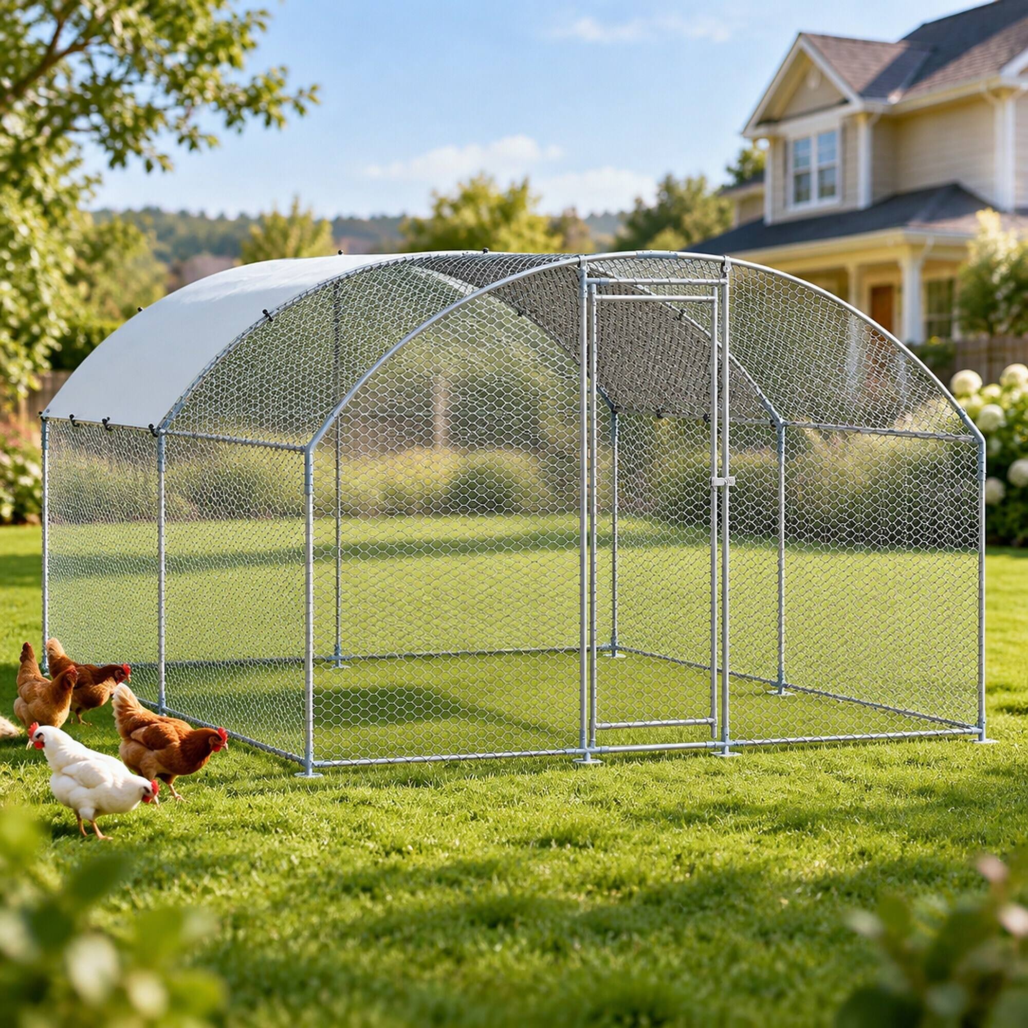 Left. RYHNUYNE - Metal Chicken Coop 9.8x13.1x6.5 ft, Walk-in Chicken Run, Galvanized Steel, PE Cover.