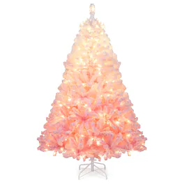 Gymax - 6 FT Artificial Christmas Tree Hinged Snow Flocked Xmas Tree w/ 820 Branch Tips - Pink