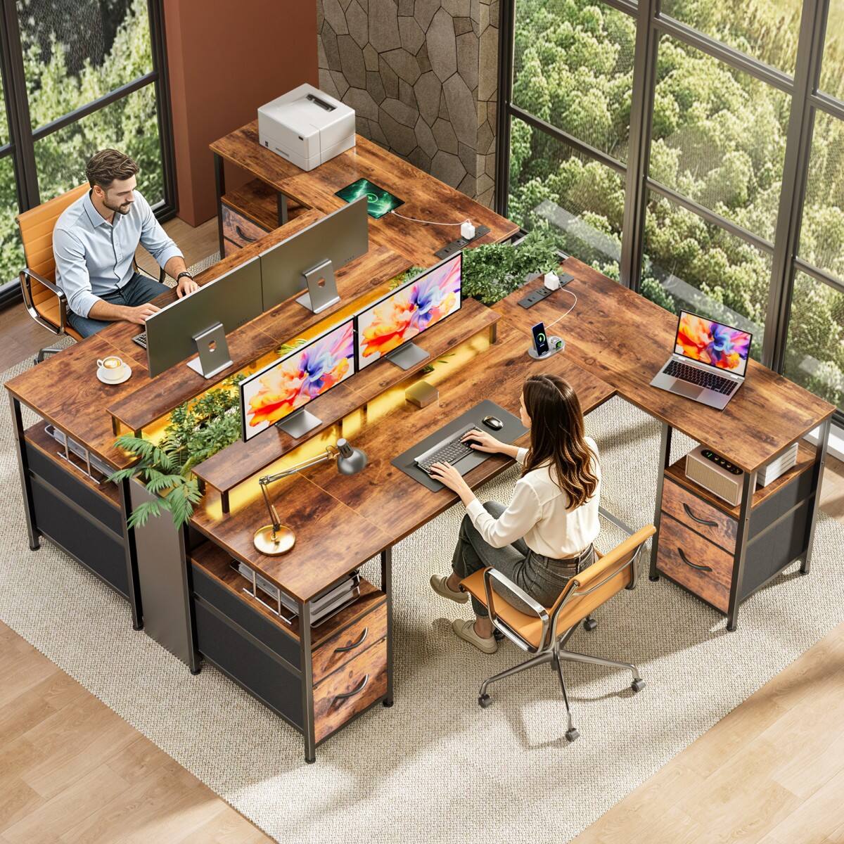 Alt View 7. Furnulem - L Shaped Computer Desk with File Drawers Power Outlets LED Lights Reversible Corner Gaming Table with Monitor Stand - Brown.
