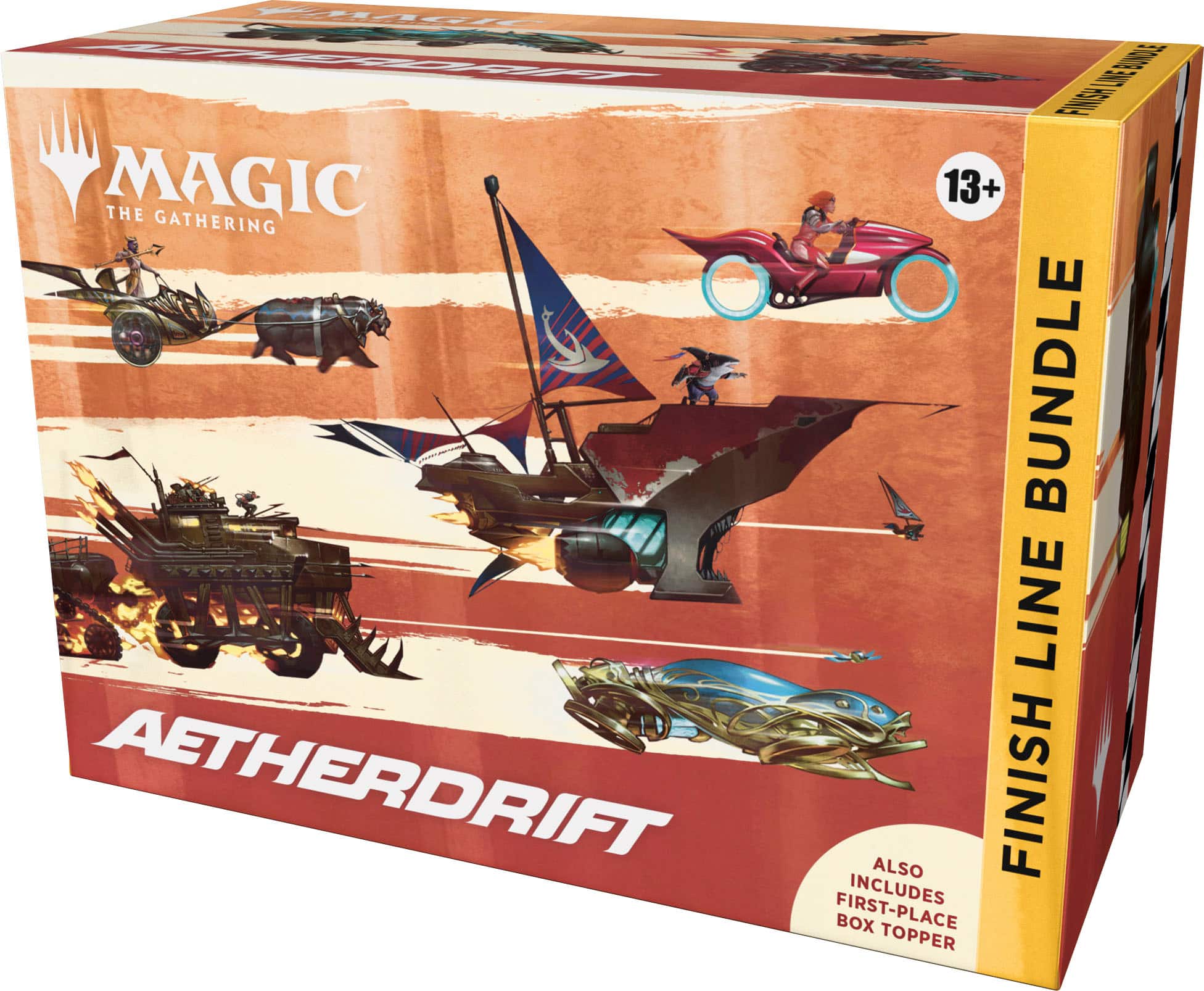 The text on the image reads: "Magic The Gathering 13+ Bundle Line Aetherdrift Also Finish Includes First-Place Box Topper."