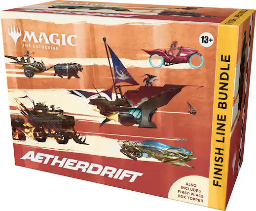 The text on the image reads: "Magic The Gathering 13+ Bundle Line Aetherdrift Also Finish Includes First-Place Box Topper."