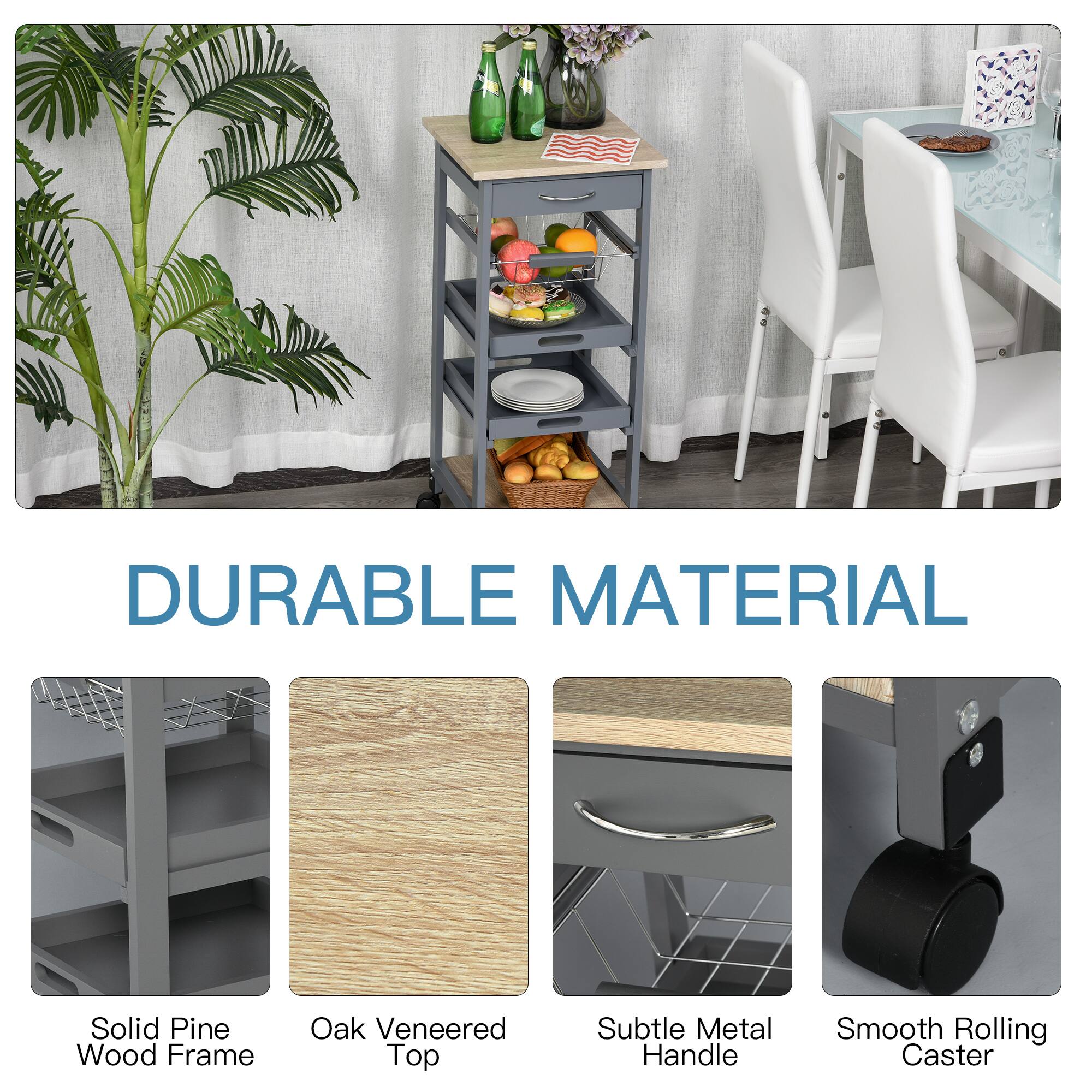 DURABLE MATERIAL
Solid Pine Wood Frame
Oak Veneered Top
Subtle Metal Handle
Smooth Rolling Caster