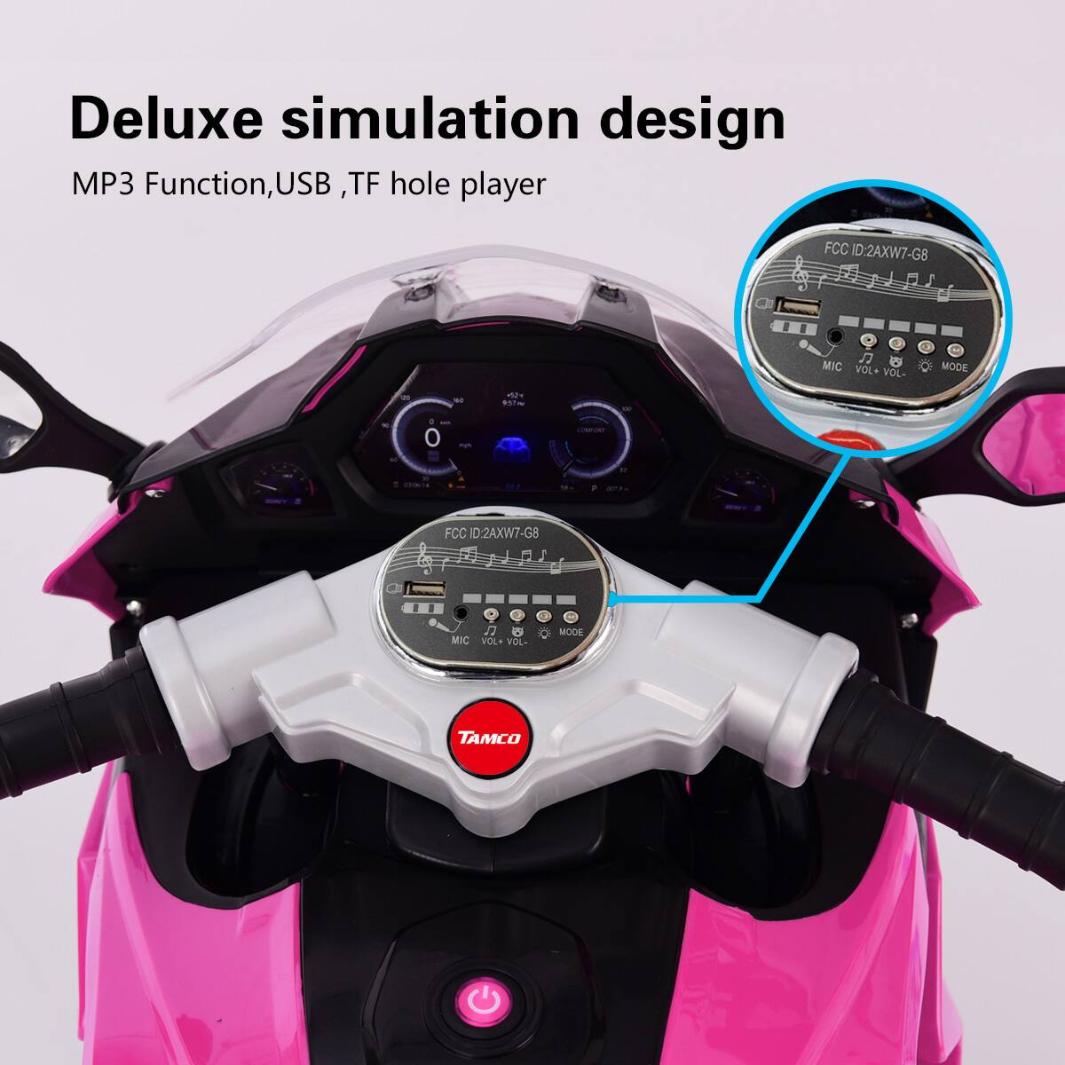 Deluxe simulation design  
MP3 Function, USB, TF hole player  

FCC ID:2AXW7-G8  
MIC VOL+ VOL- MODE  

TAMCO