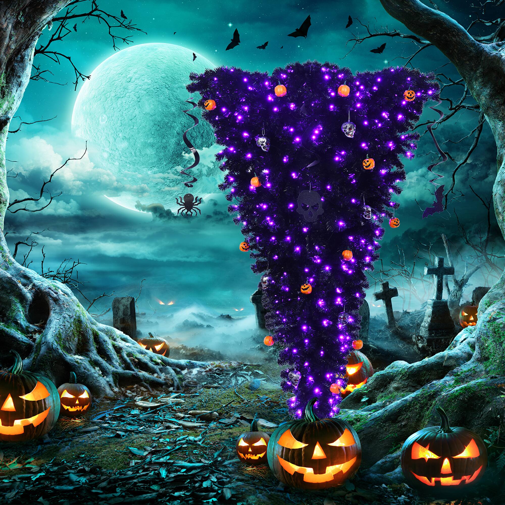 Alt View 2. Gymax - Gymax 6FT Pre-lit Upside Down Black Halloween Tree Artificial Christmas Tree - Black.