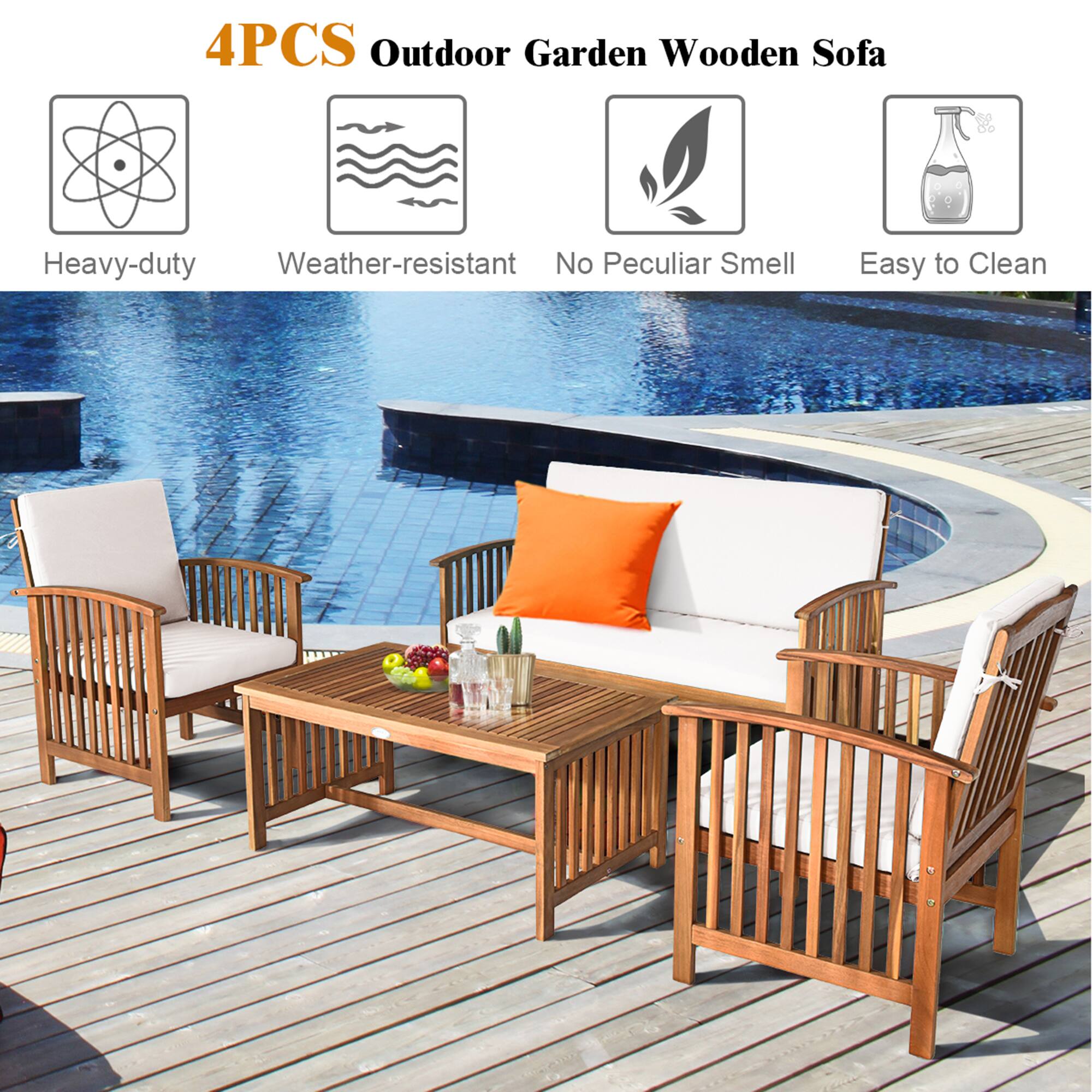 4PCS Outdoor Garden Wooden Sofa
Heavy-duty
Weather-resistant
No Peculiar Smell
Easy to Clean