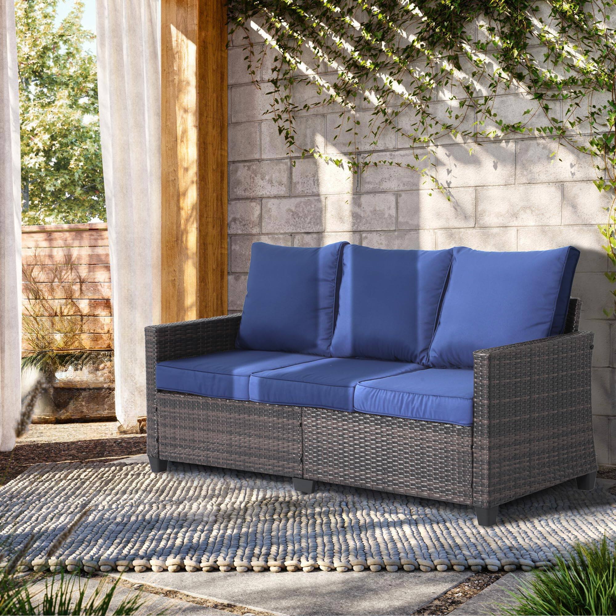 Angle. Yardgrace - Yardgrace 3 seat rattan patio couch Waterproof PE Wicker Outdoor Sofa with Thick Cushions mrrihand patio sofa - Blue.