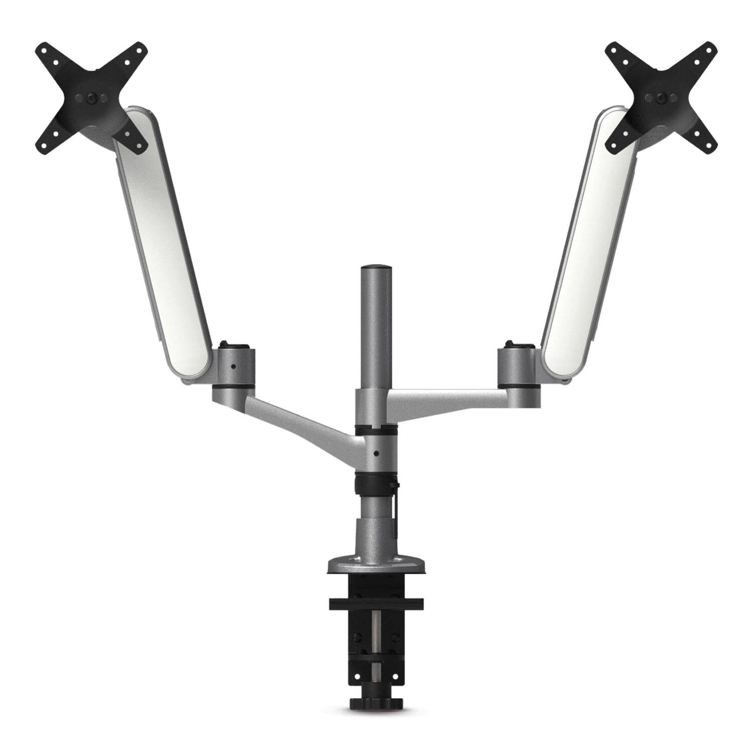 Front. KanTek - Multi-Directional Dual Monitor Arm, For 30" Monitors, 360 Deg Rotation, 105 Deg Tilt, 360 Deg Pan - Silver.