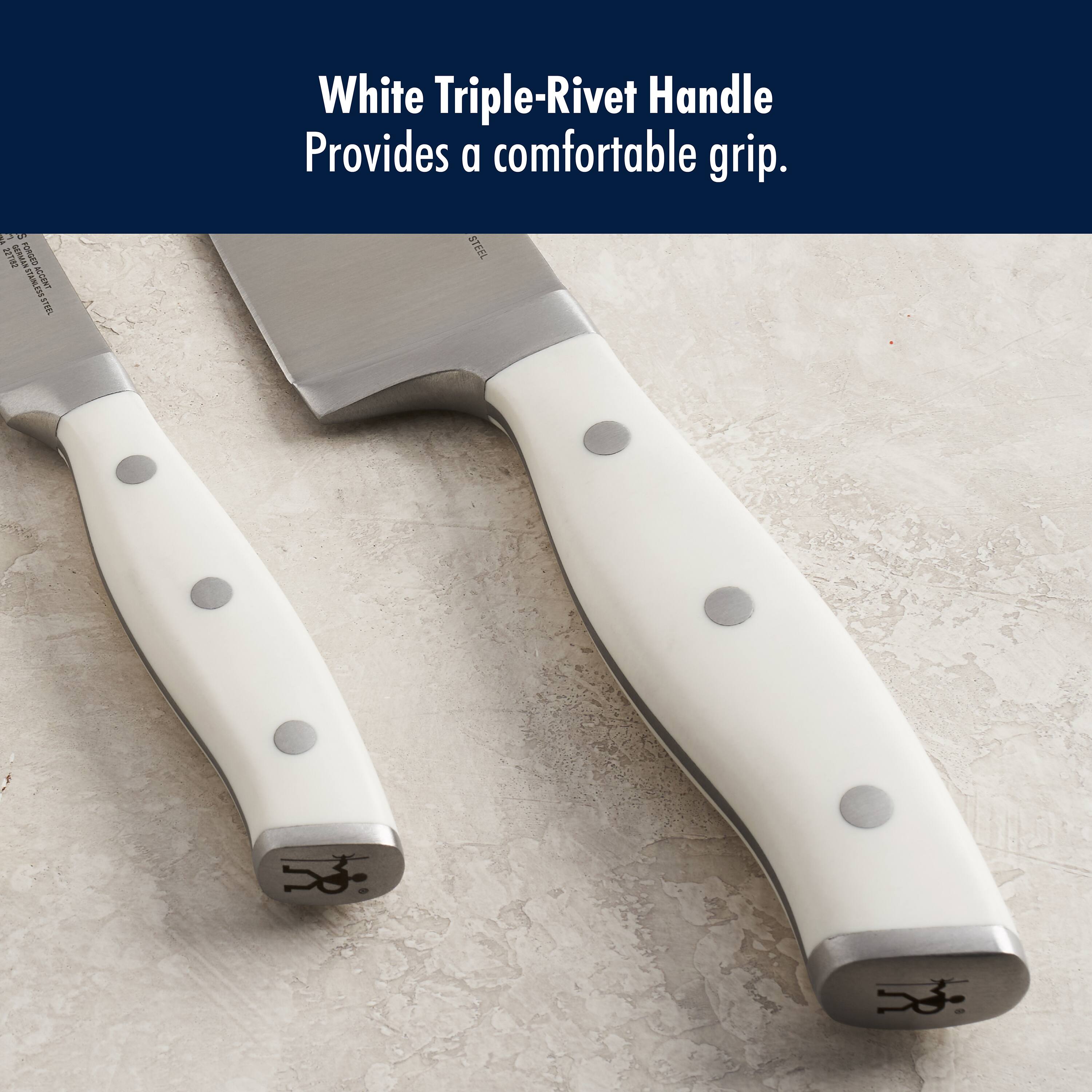 White Triple-Rivet Handle Provides a comfortable grip.