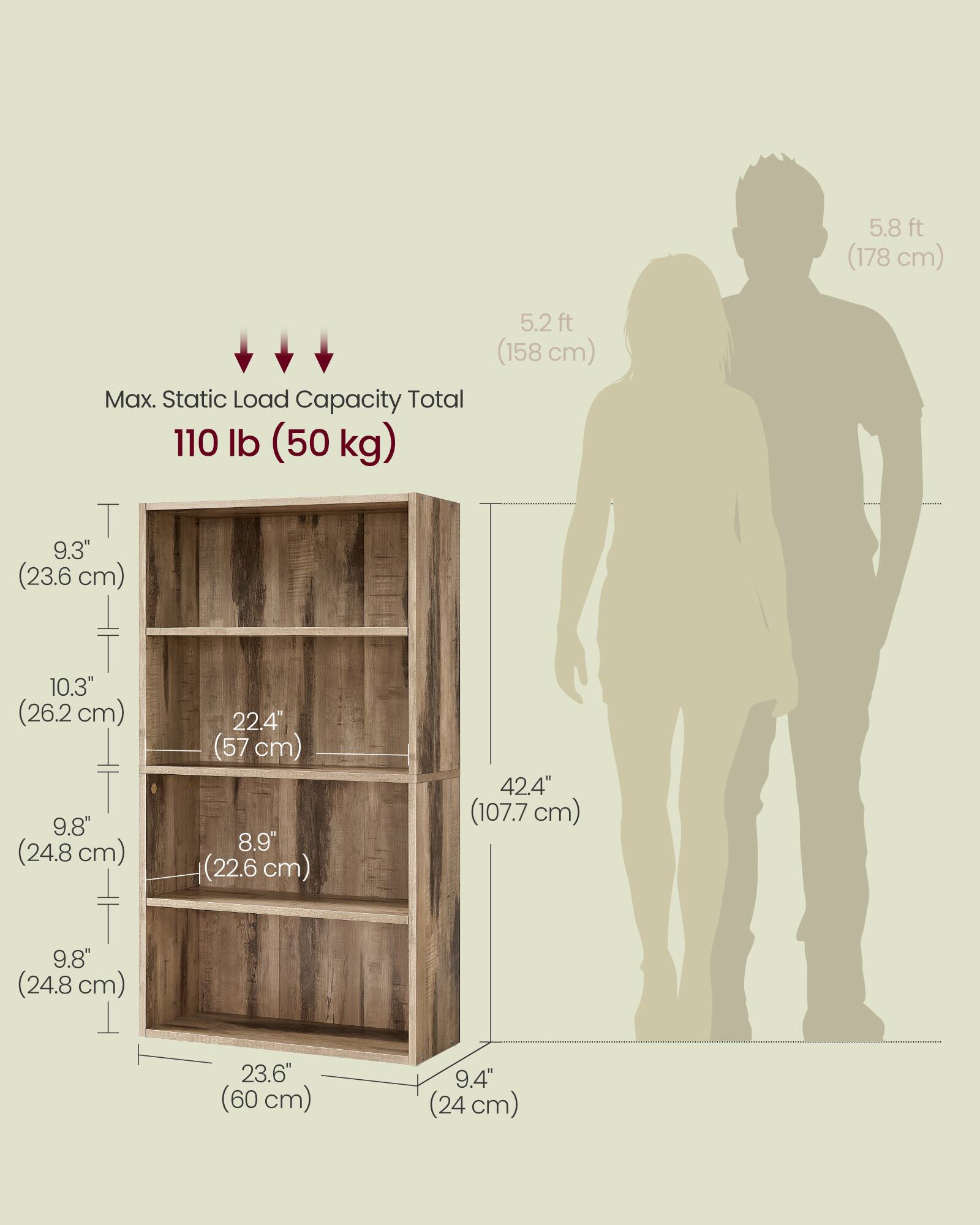 5.8 ft (178 cm)  
5.2 ft (158 cm)  

Max. Static Load Capacity Total: 110 lb (50 kg)  

9.3" (23.6 cm)  
10.3" (26.2 cm)  
22.4" (57 cm)  
42.4" (107.7 cm)  
9.8" (24.8 cm)  
8.9" (22.6 cm)  
9.8" (24.8 cm)  
23.6" (60 cm)  
9.4" (24 cm)