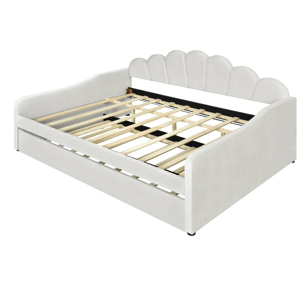 Alt View 10. Loheer - Loheer Full Size Upholstered Daybed with Trundle White Velvet Shell Shaped Backrest Sofa Bed - White.