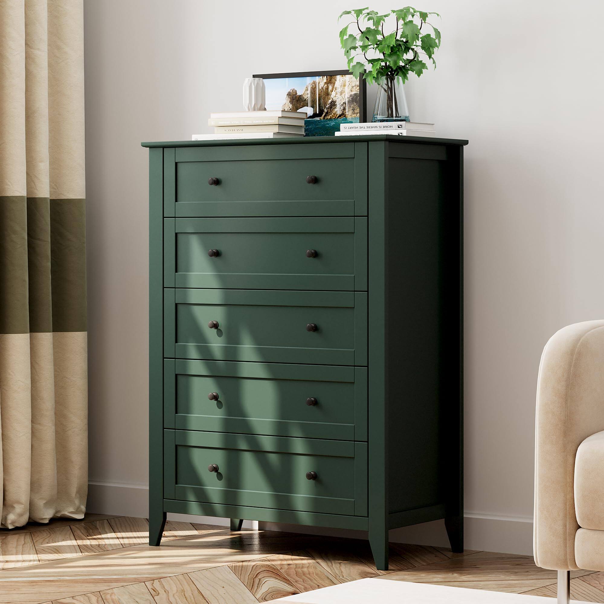 Front. Acekool - Green 5 Drawer Dresser for Bedroom, Tall Dresser with Deep Drawers & Metal Knobs - Green.