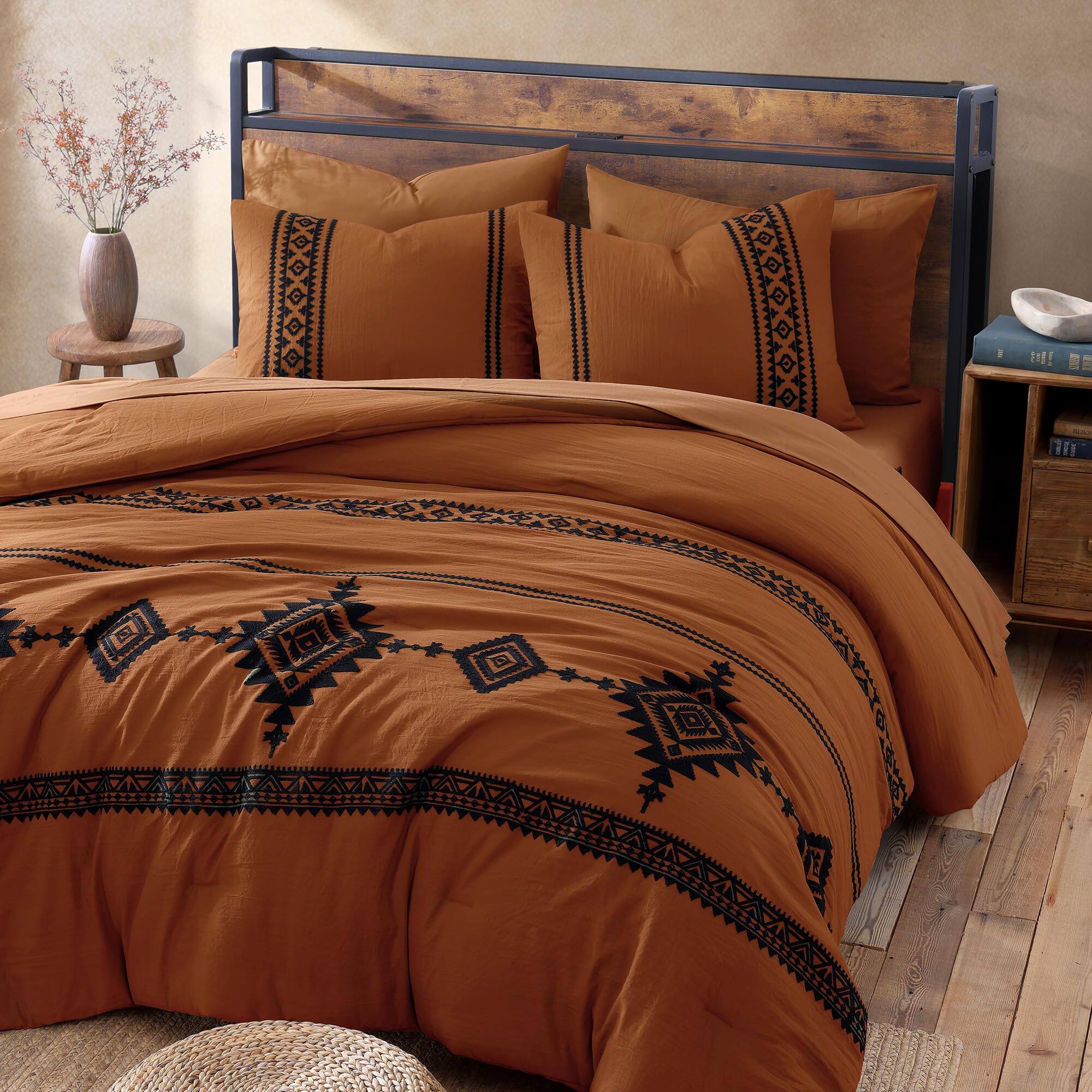 Back. PARKER SLATER - Burnt Orange Embroidery Comforters Set Queen Size - 7 Pieces Farmhouse Western Bedding All Season Bed In A Bag... - Frost White-King 7 Piece.