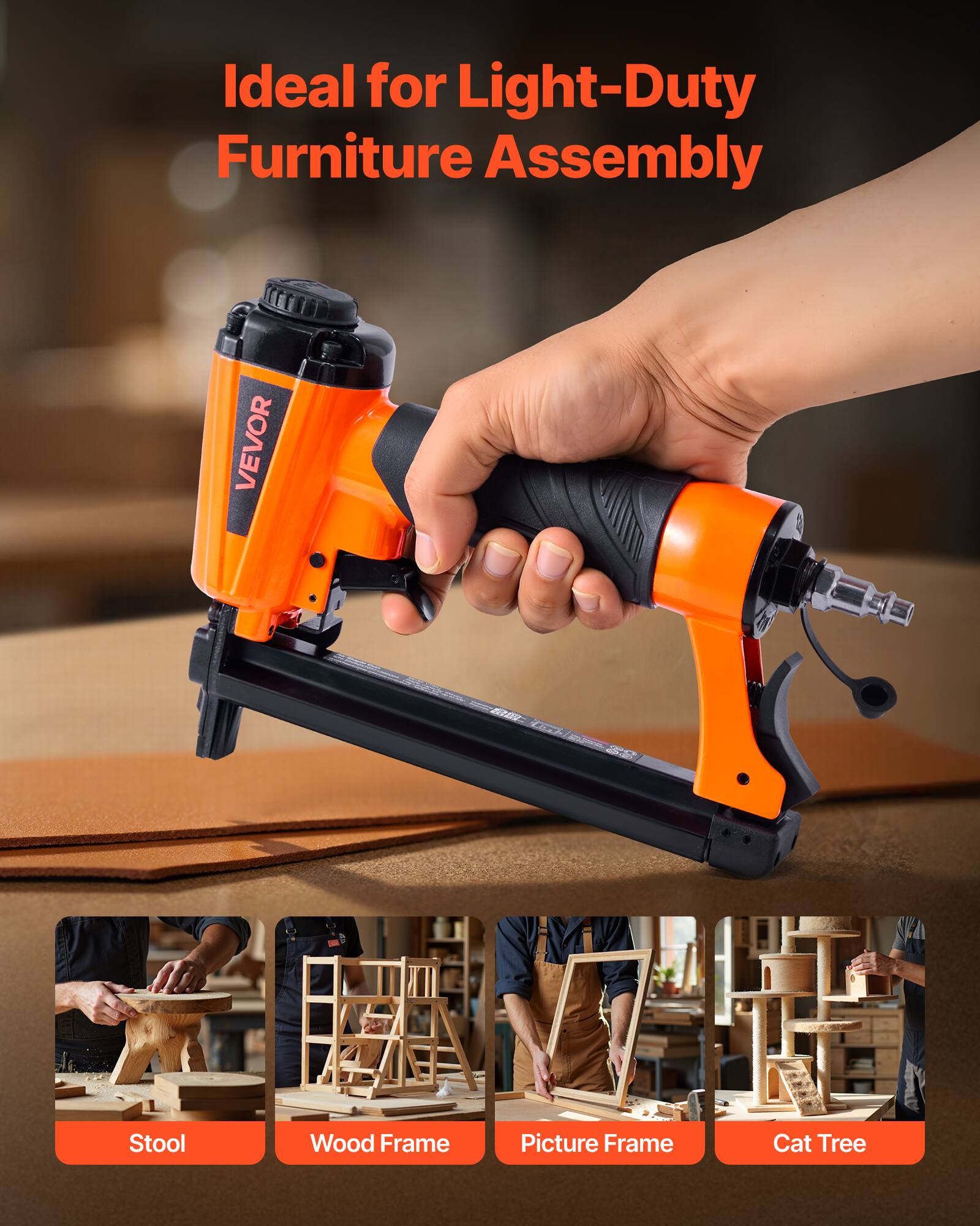 Ideal for Light-Duty Furniture Assembly

VEVOR

Stool  
Wood Frame  
Picture Frame  
Cat Tree