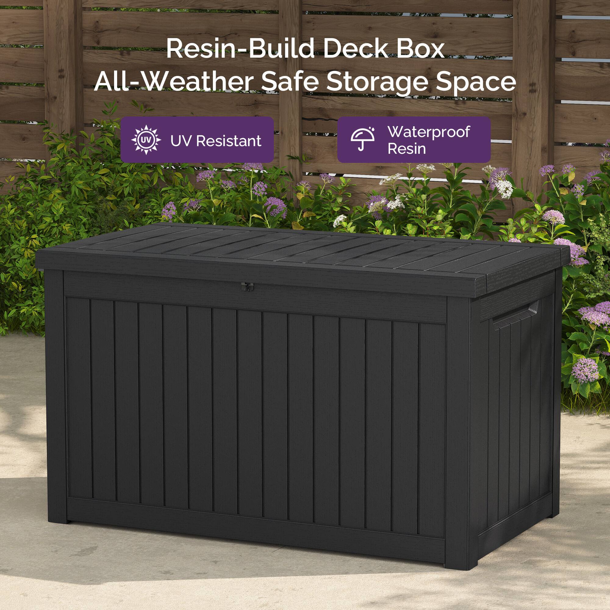 Resin-Build Deck Box  
All-Weather Safe Storage Space  

UV Resistant  
Waterproof Resin