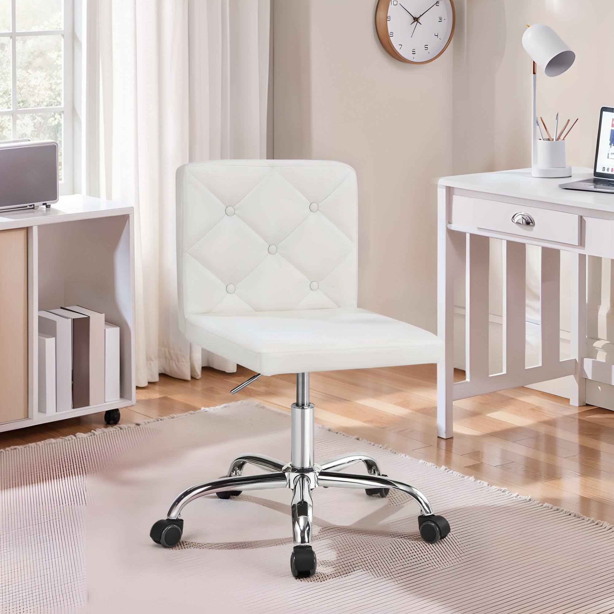 Alt View 2. Vecelo - White PU Leather Armless Office Chair - Adjustable Height with SGS Lift, 5-Wheel Swivel & Button-Tufted Back - White.